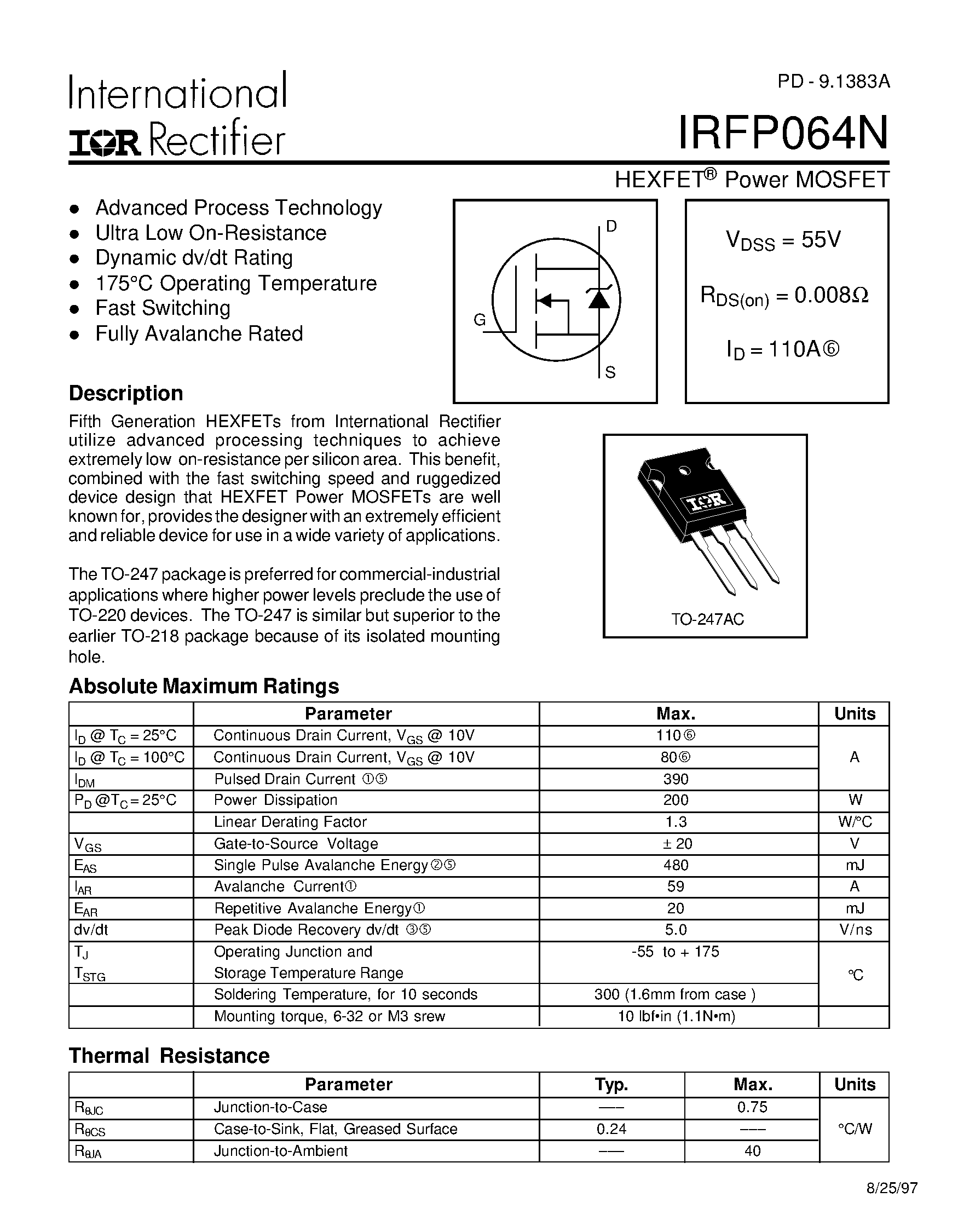 Даташит IRFP064N - Power MOSFET страница 1