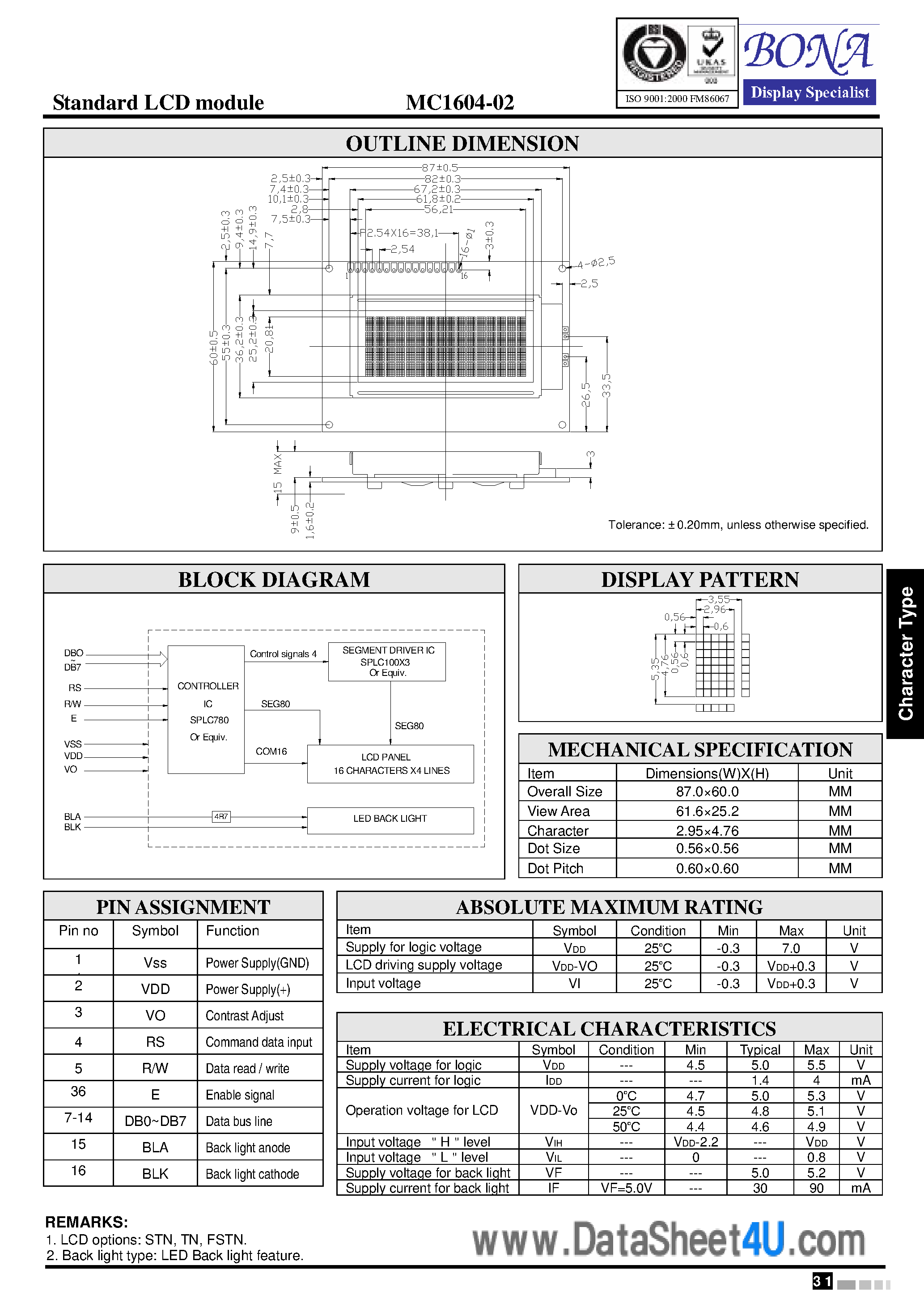 Даташит на микросхему MC1604-02 страница 1 Даташит MC1604-02 - Standard LCD Module страница 1