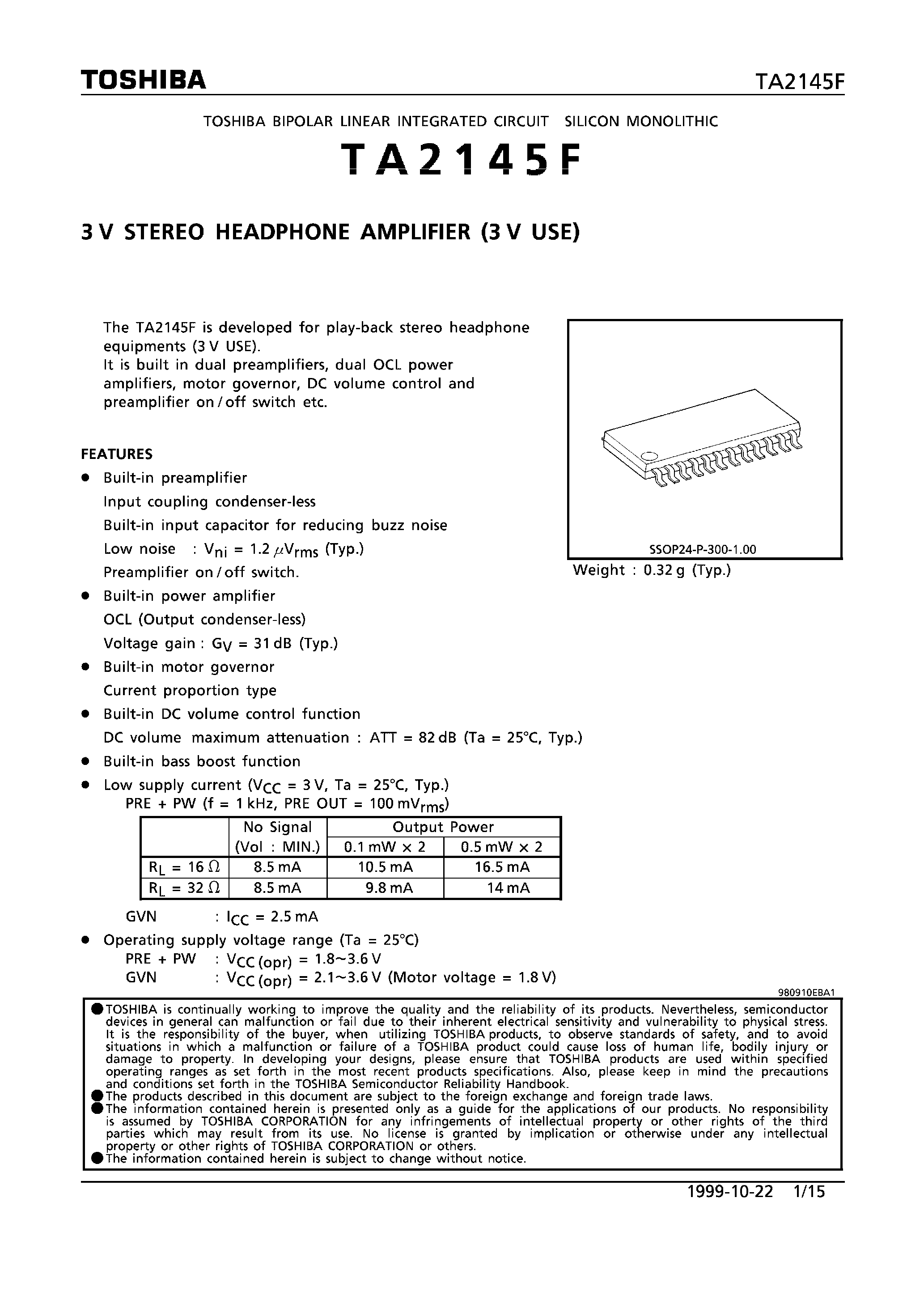 Даташит TA2145F - 3V STEREO GEADPHONE AMPLIFIER (3V USE) страница 1
