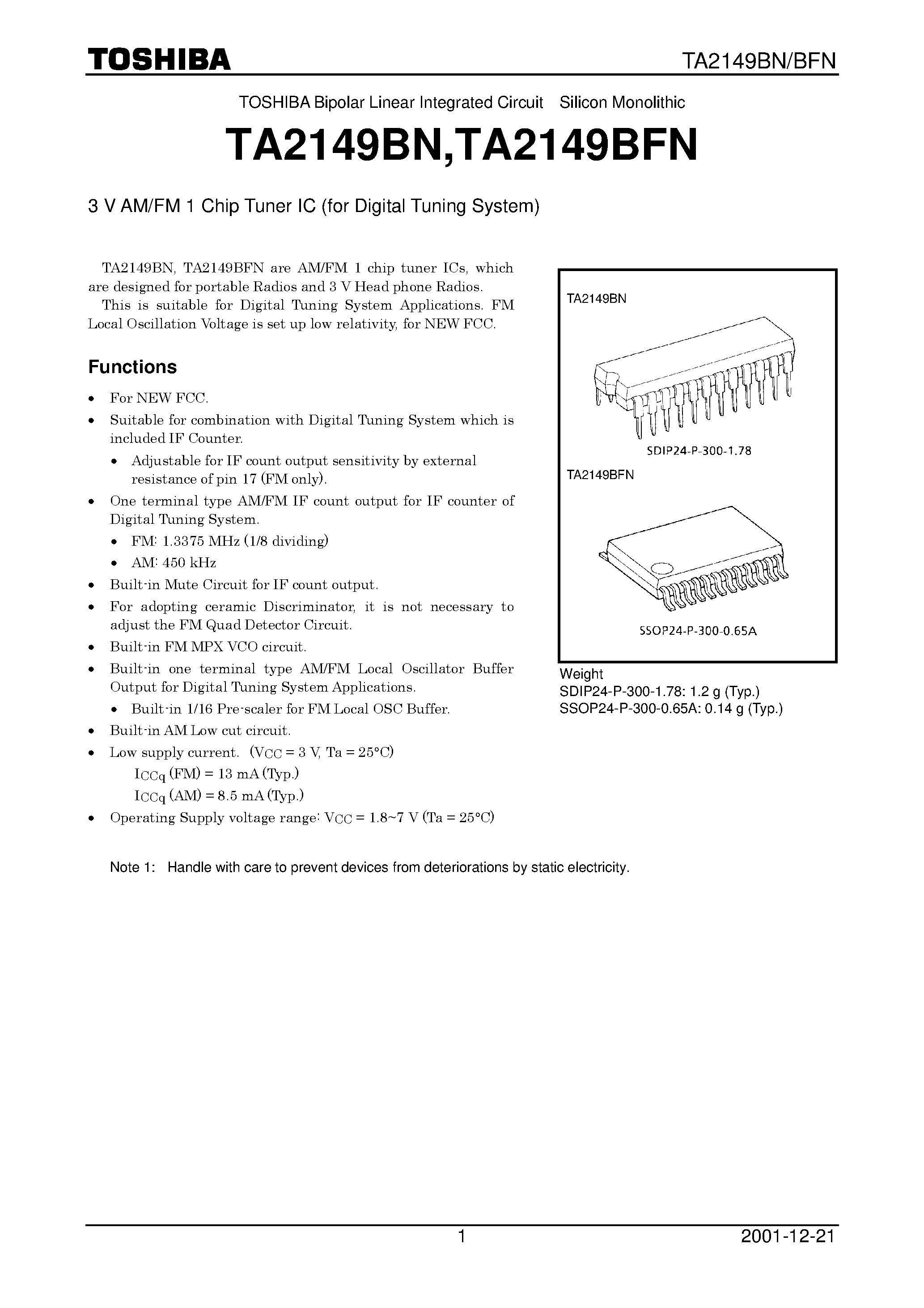 Даташит TA2149BFN - 3 V AM/FM 1 Chip Tuner IC (for Digital Tuning System) страница 1