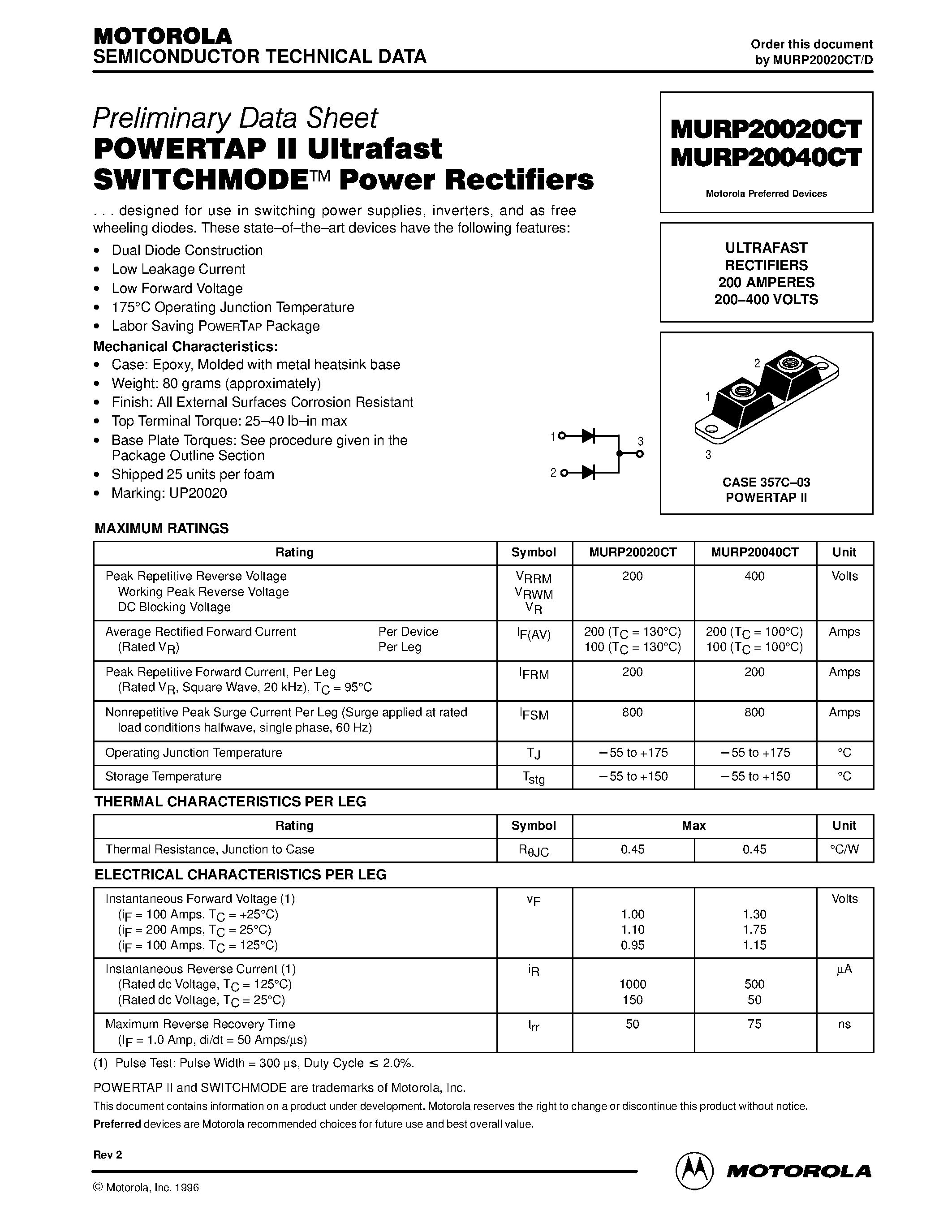 Datasheet MURP20020CT page 1 Datasheet MURP20020CT - (MURP20020CT / MURP20040CT) ULTRAFAST RECTIFIERS 200 AMPERES 200.400 VOLTS page 1