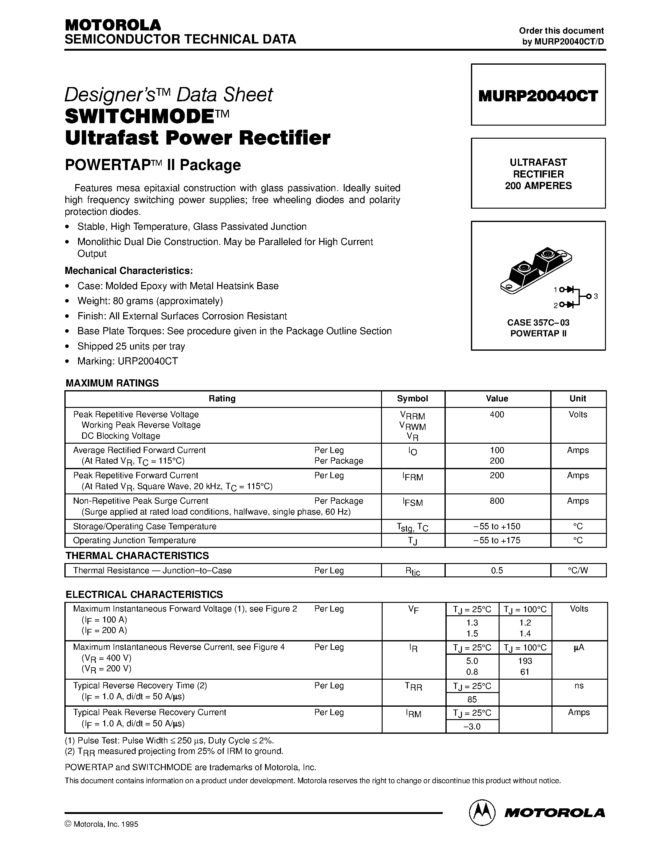 Даташит MURP20040CT - ULTRAFAST RECTIFIER 200 AMPERES страница 1