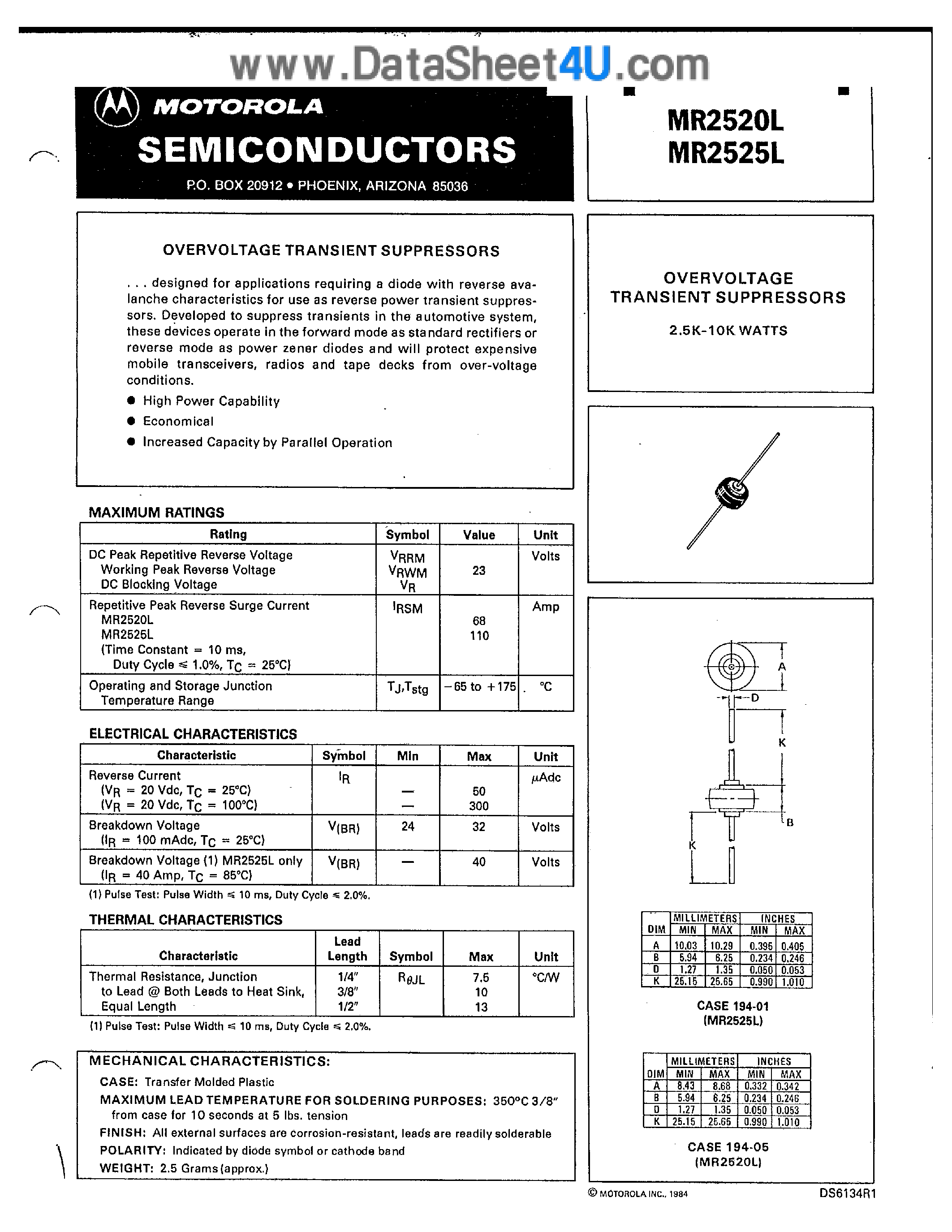 Datasheet MR2520L - (MR2520L / MR2525L) OVERCOLTAGE TRANSIENT SUPPRESSORS 2.5K - 10K WATTS page 1