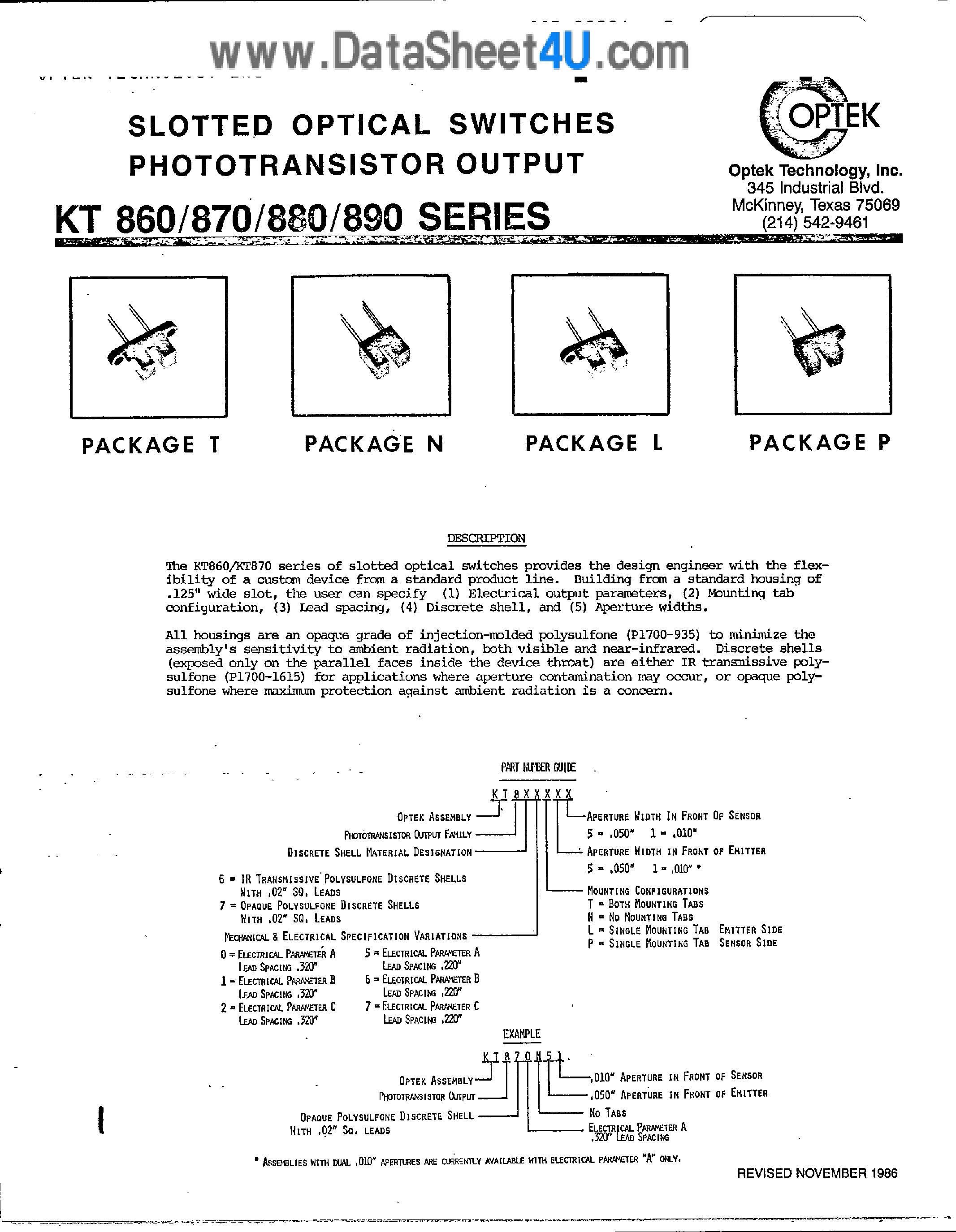 Datasheet KT860 - (KT860 - KT890) Slotted Optical Switches Phototransistor Output page 1