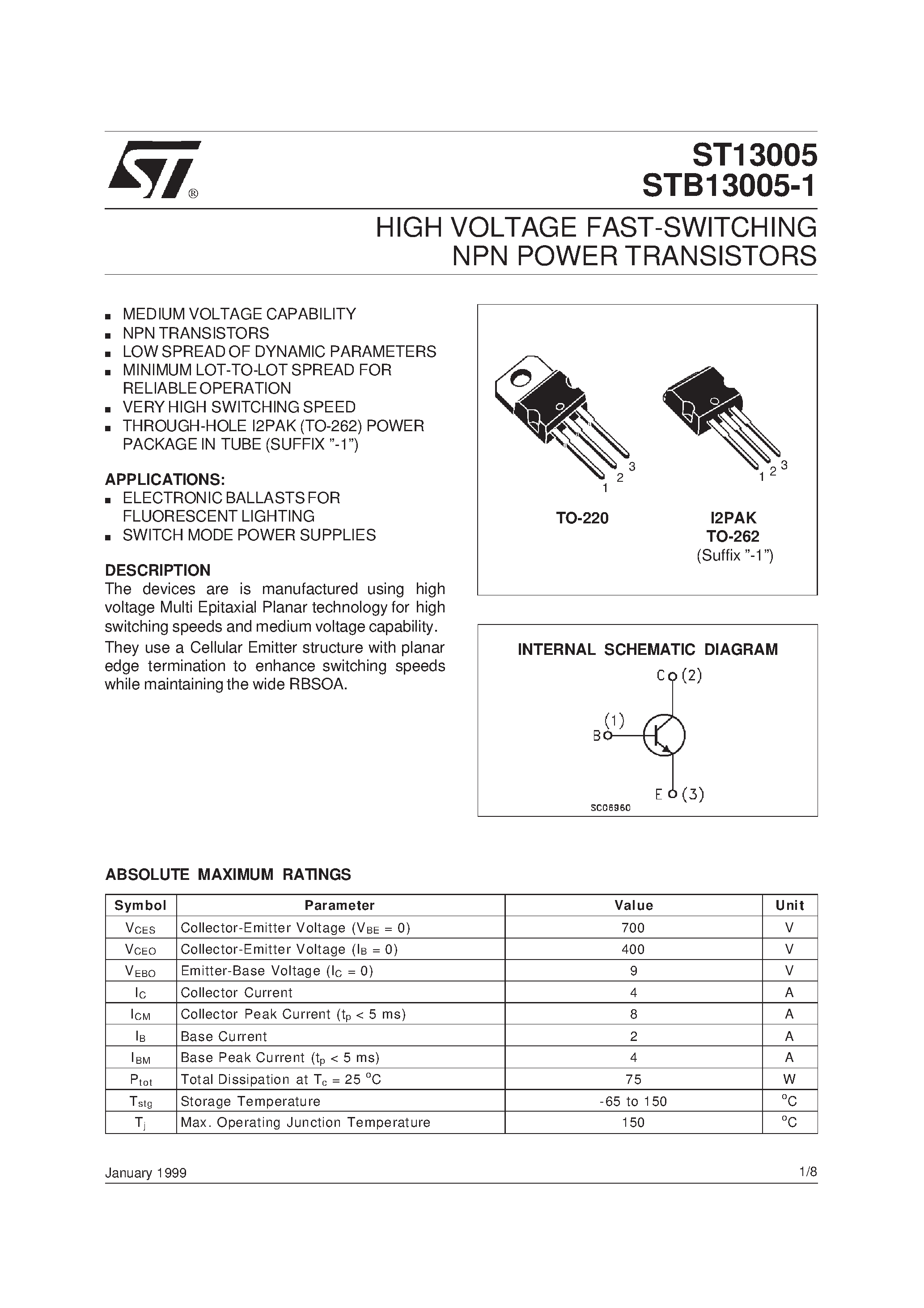 Datasheet STB13005 page 1 Datasheet STB13005 - HIGH VOLTAGE FAST-SWITCHING NPN POWER TRANSISTORS page 1