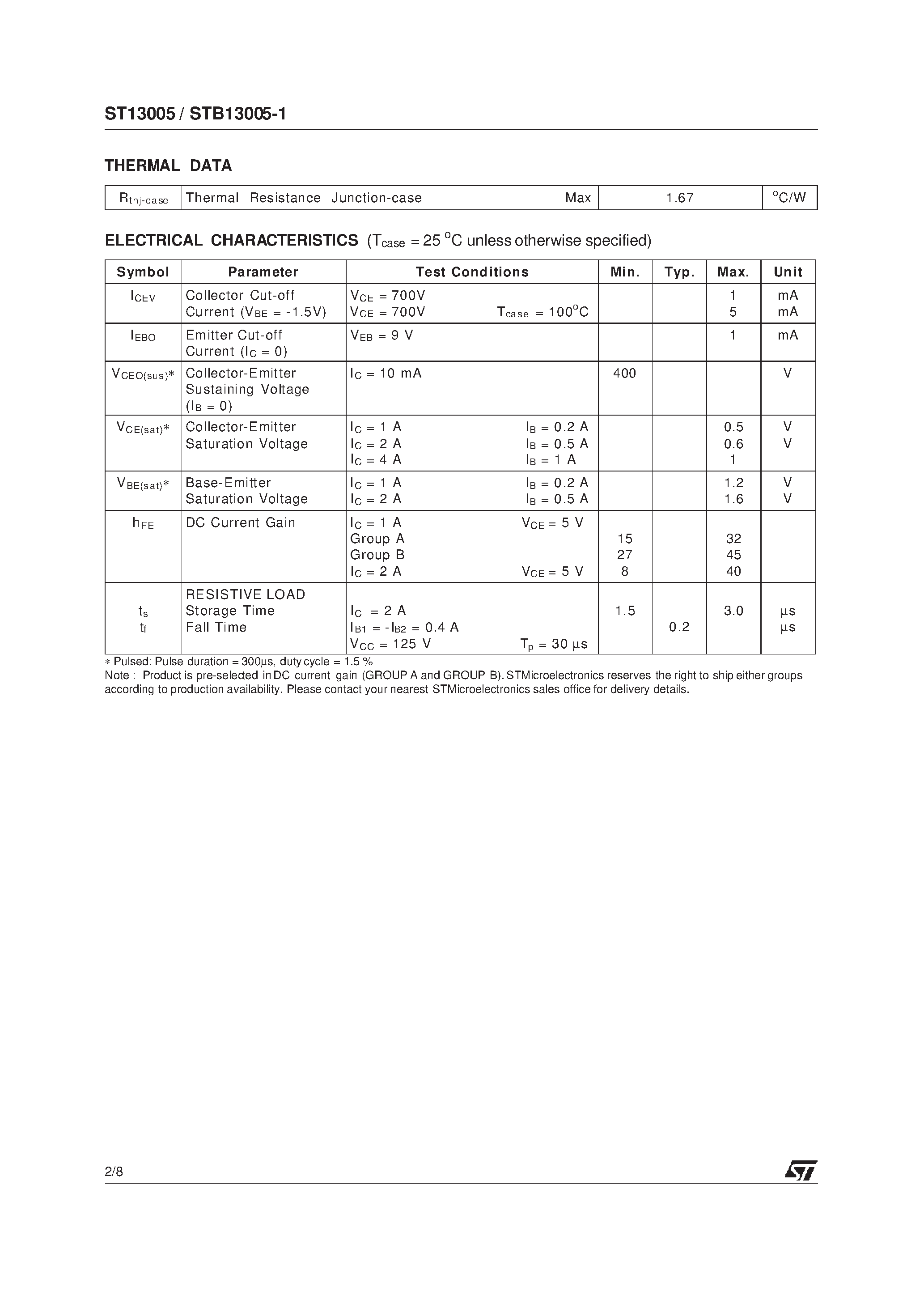 Datasheet STB13005 page 2 Datasheet STB13005 - HIGH VOLTAGE FAST-SWITCHING NPN POWER TRANSISTORS page 2
