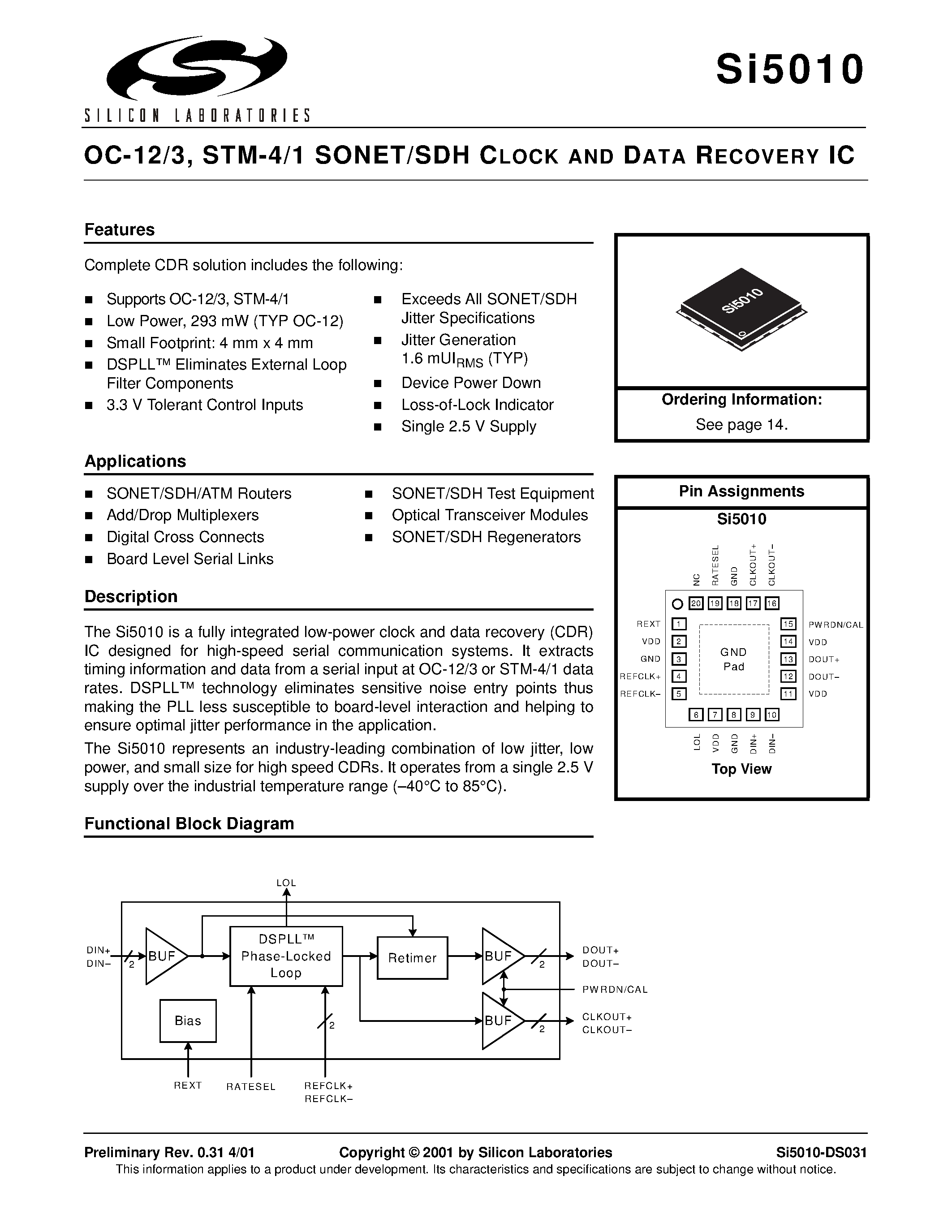 Datasheet SI5010 - OC-12/3 / STM-4/1 SONET/SDH CLOCK AND DATA RECOVERY IC page 1