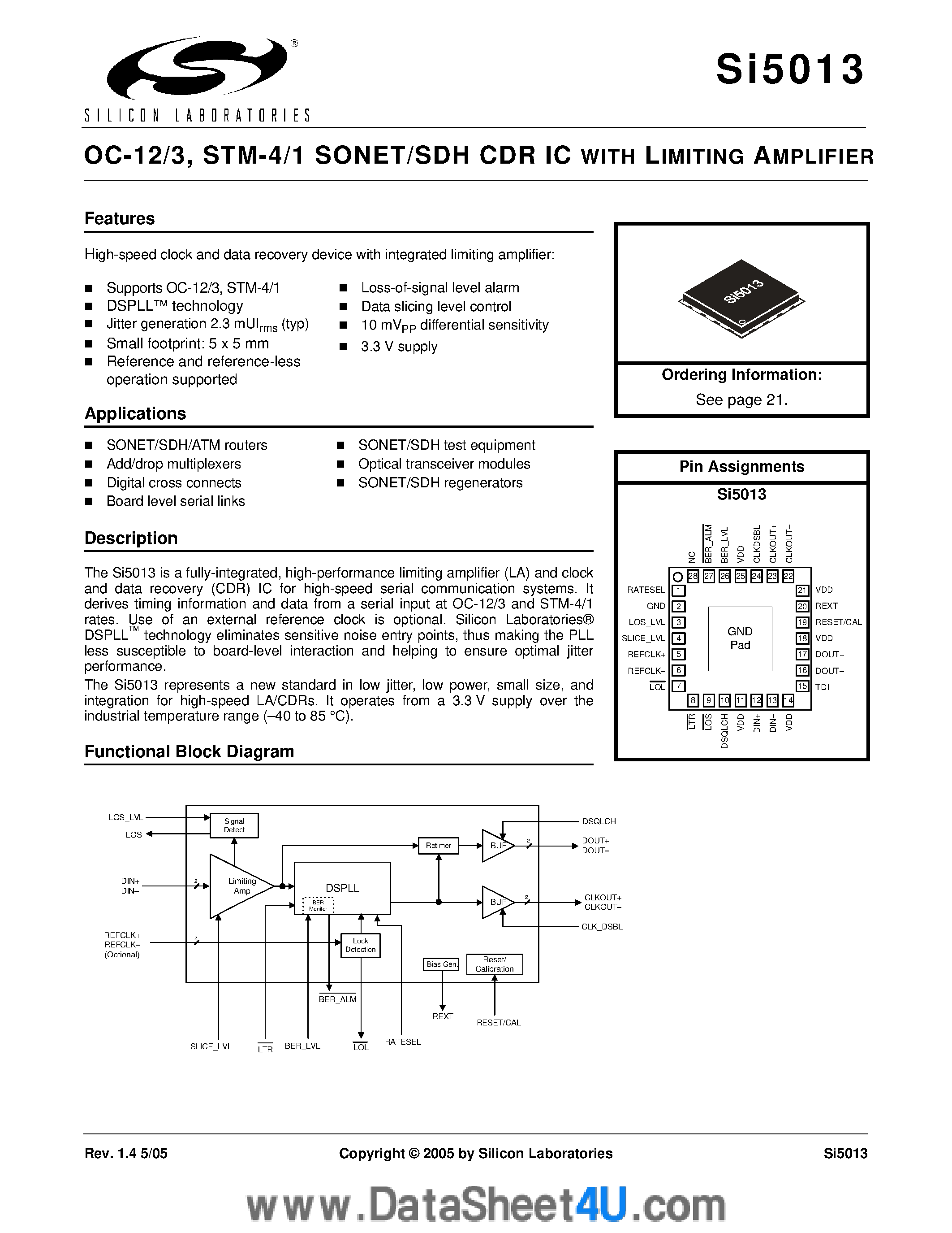 Datasheet SI5013 - OC-12/3 / STM-4/1 SONET/SDH CDR IC page 1