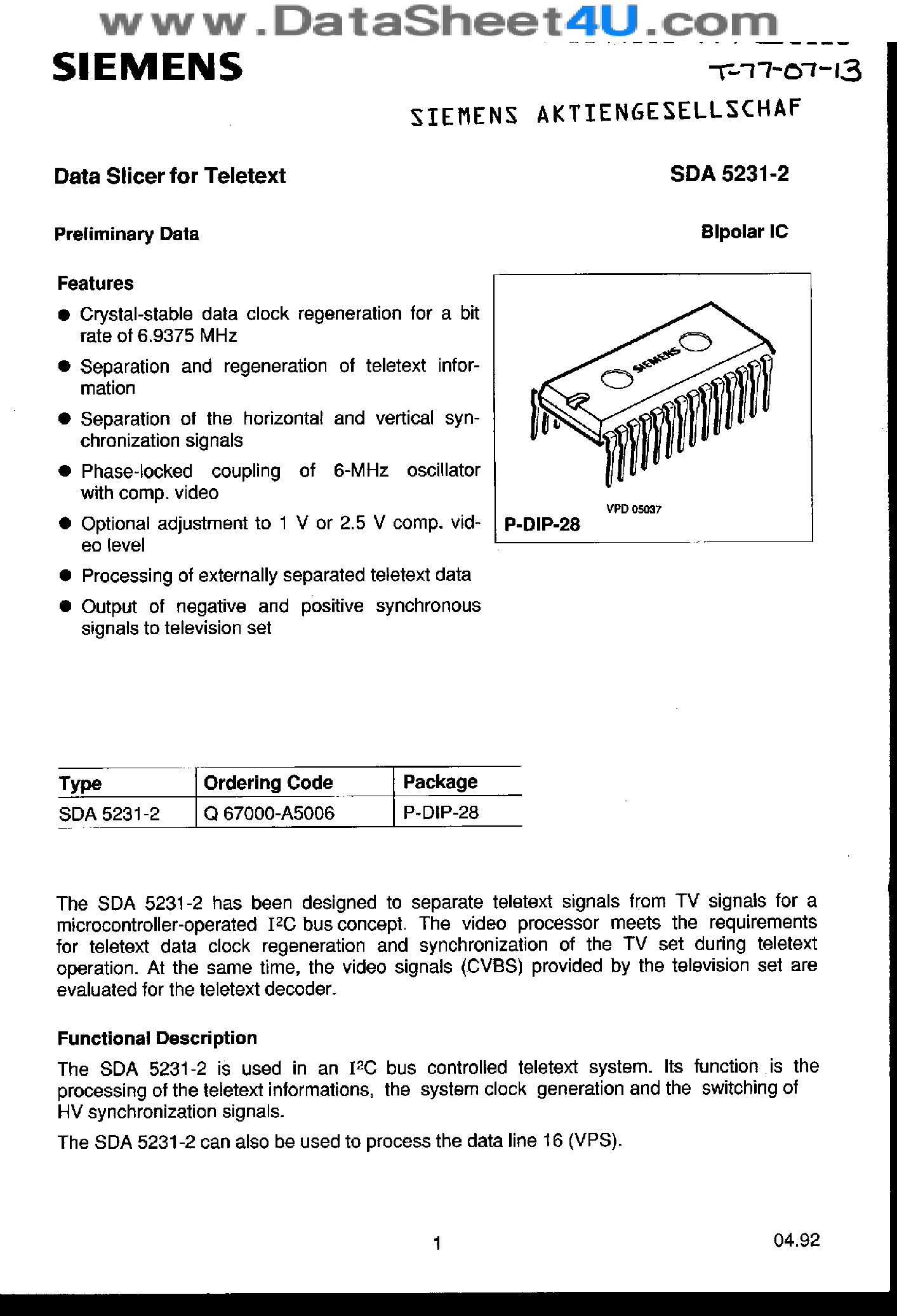 Datasheet SDA5231-2 - Data Slicer for Teletext page 1