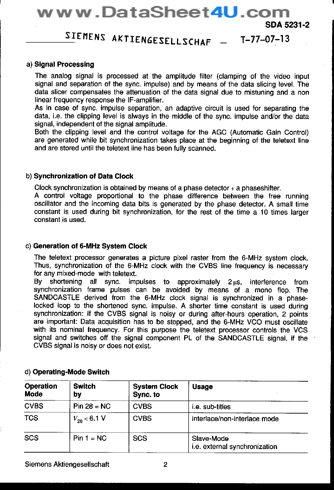 Datasheet SDA5231-2 - Data Slicer for Teletext page 2