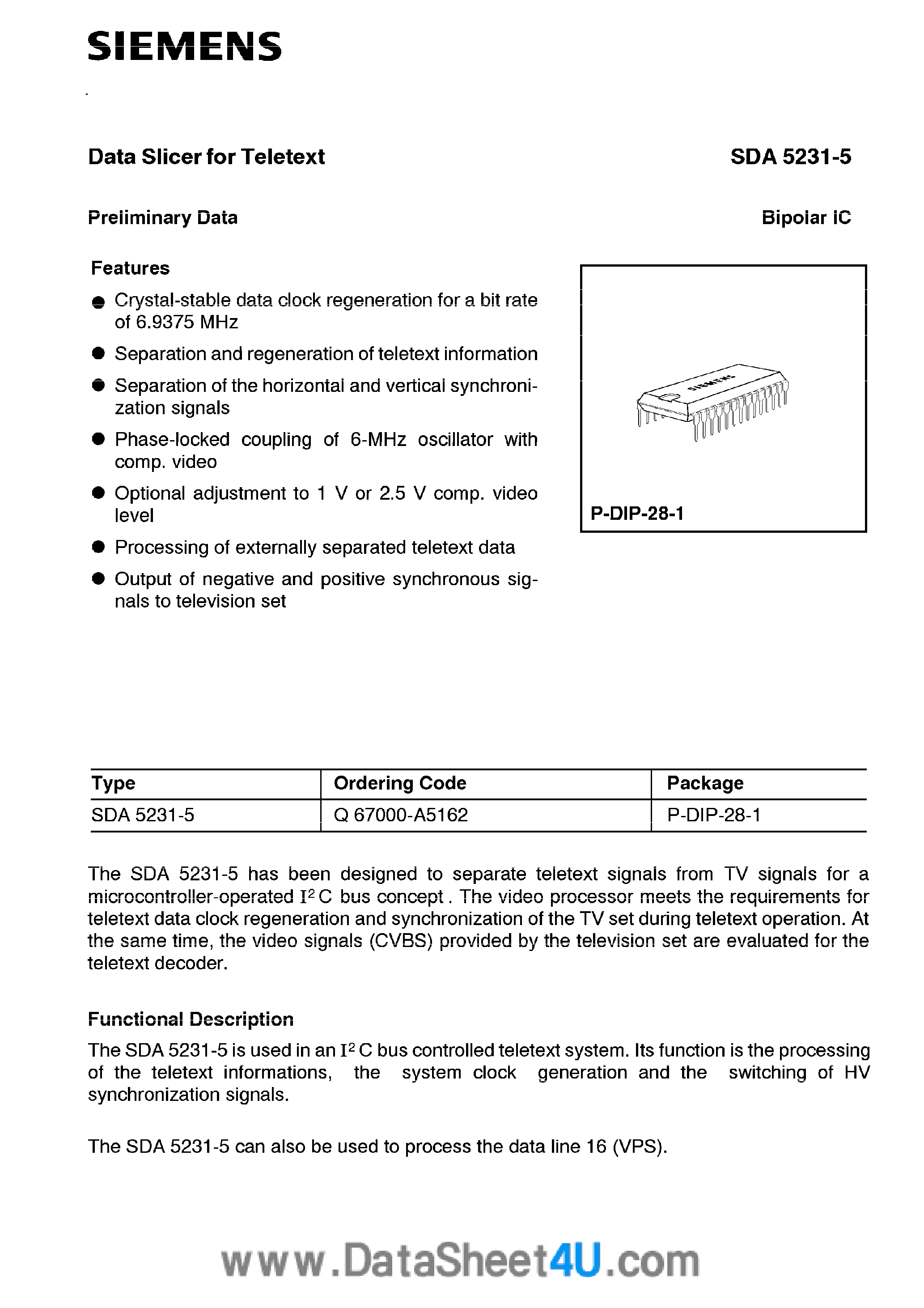 Datasheet SDA5231-5 - Data Slicer for Teletext page 1