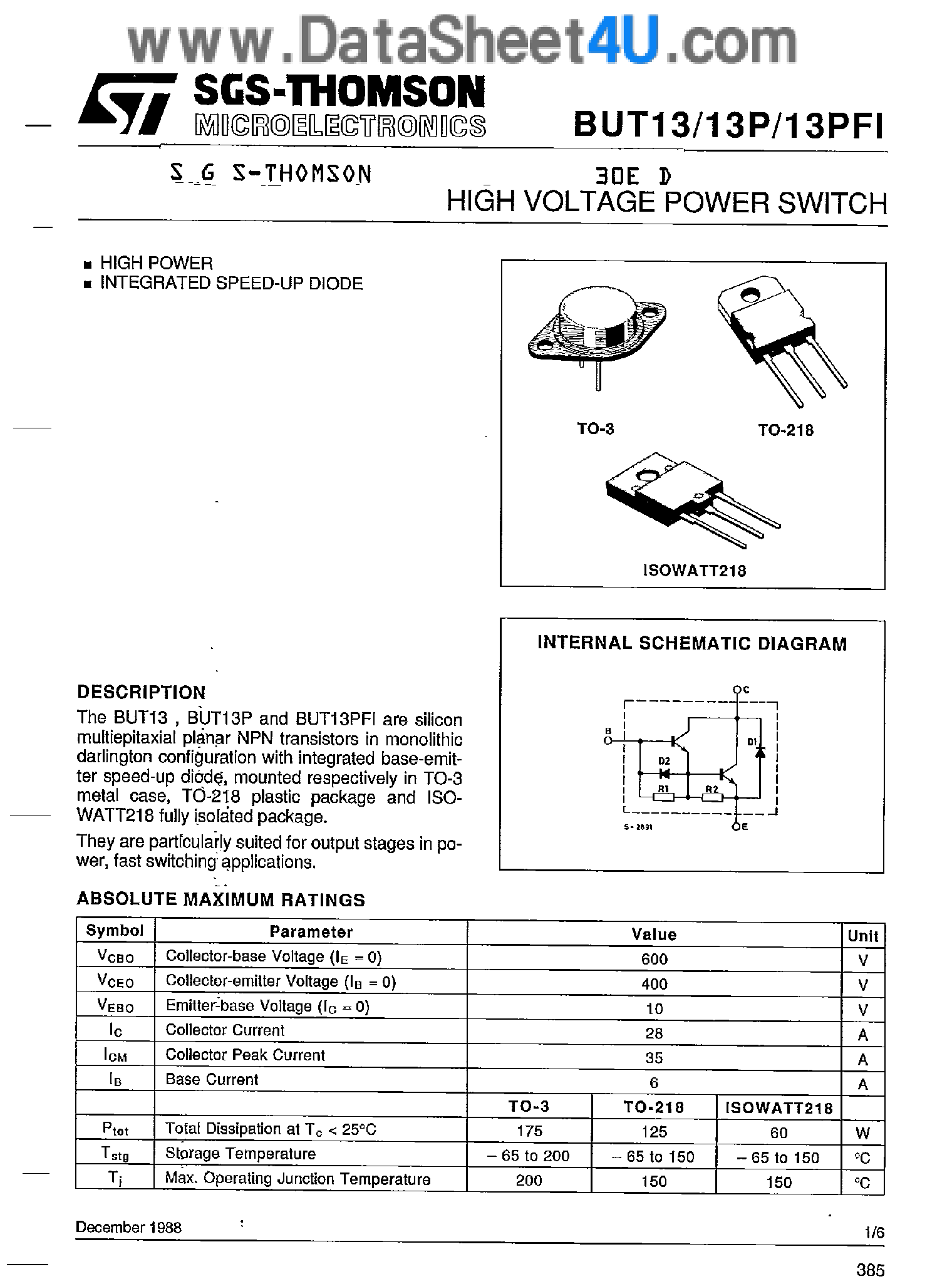 Даташит на микросхему BUT13 страница 1 Даташит BUT13 - High Voltage Power Switch страница 1