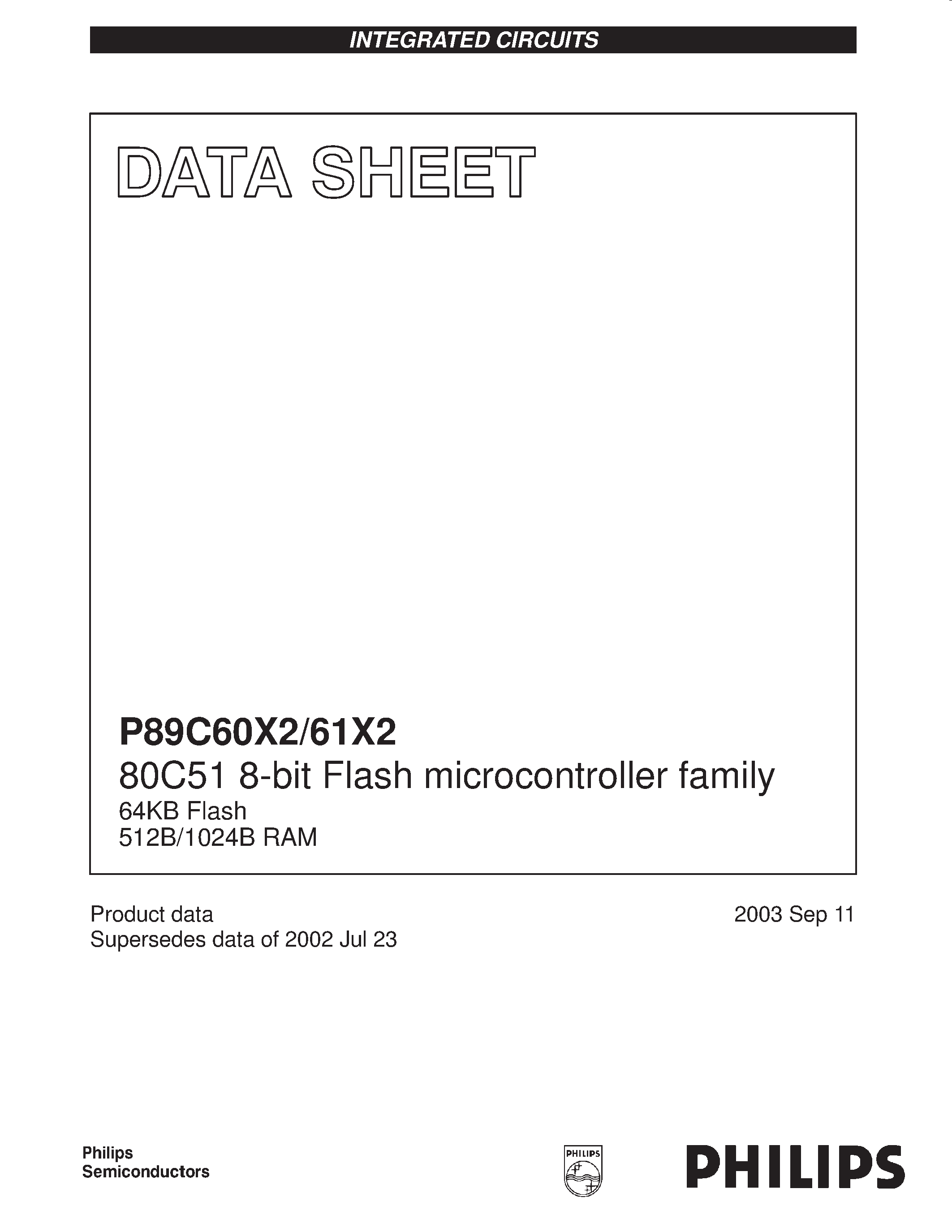 Datasheet P89C60X2 - (P89C61X2 / P89C60X2) 80C51 8-bit Flash microcontroller family page 1