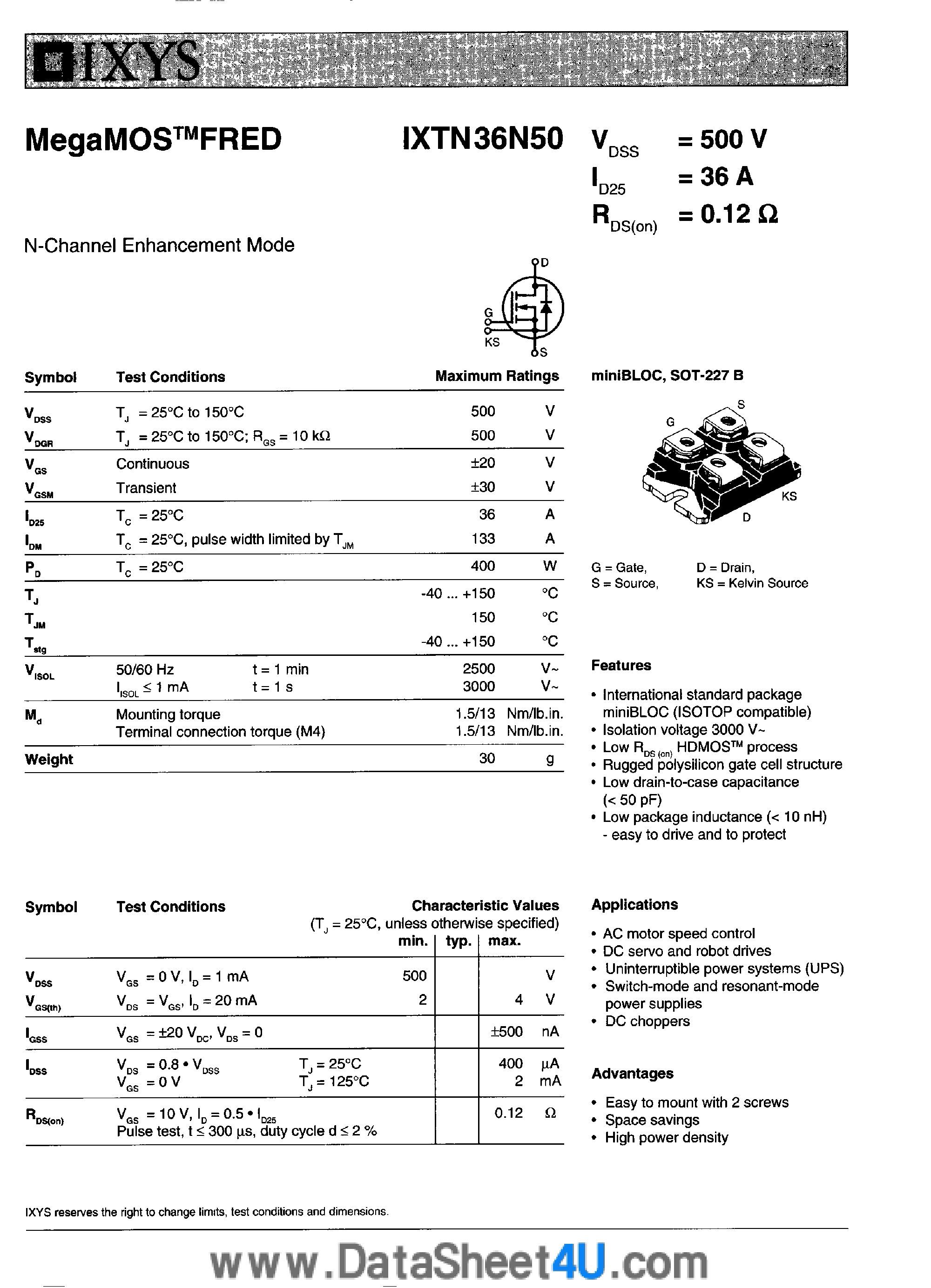 Datasheet IXTN36N50 - N-Channel Enhancement Mode page 1