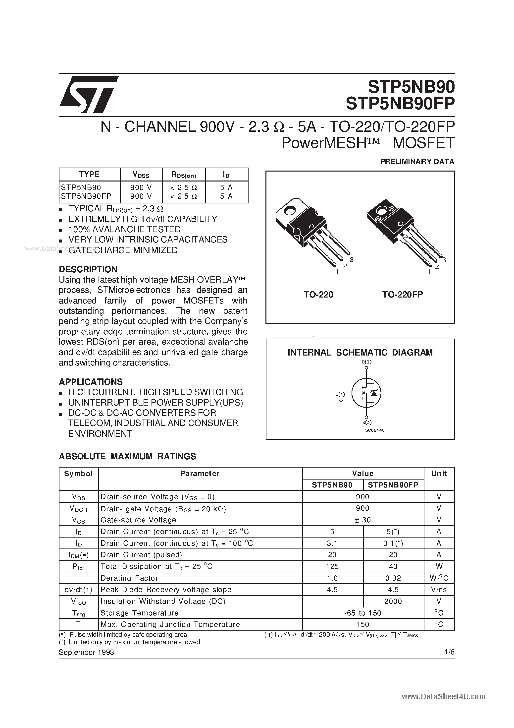 Datasheet 5NB90 - Search -----> STP5NB90 page 1