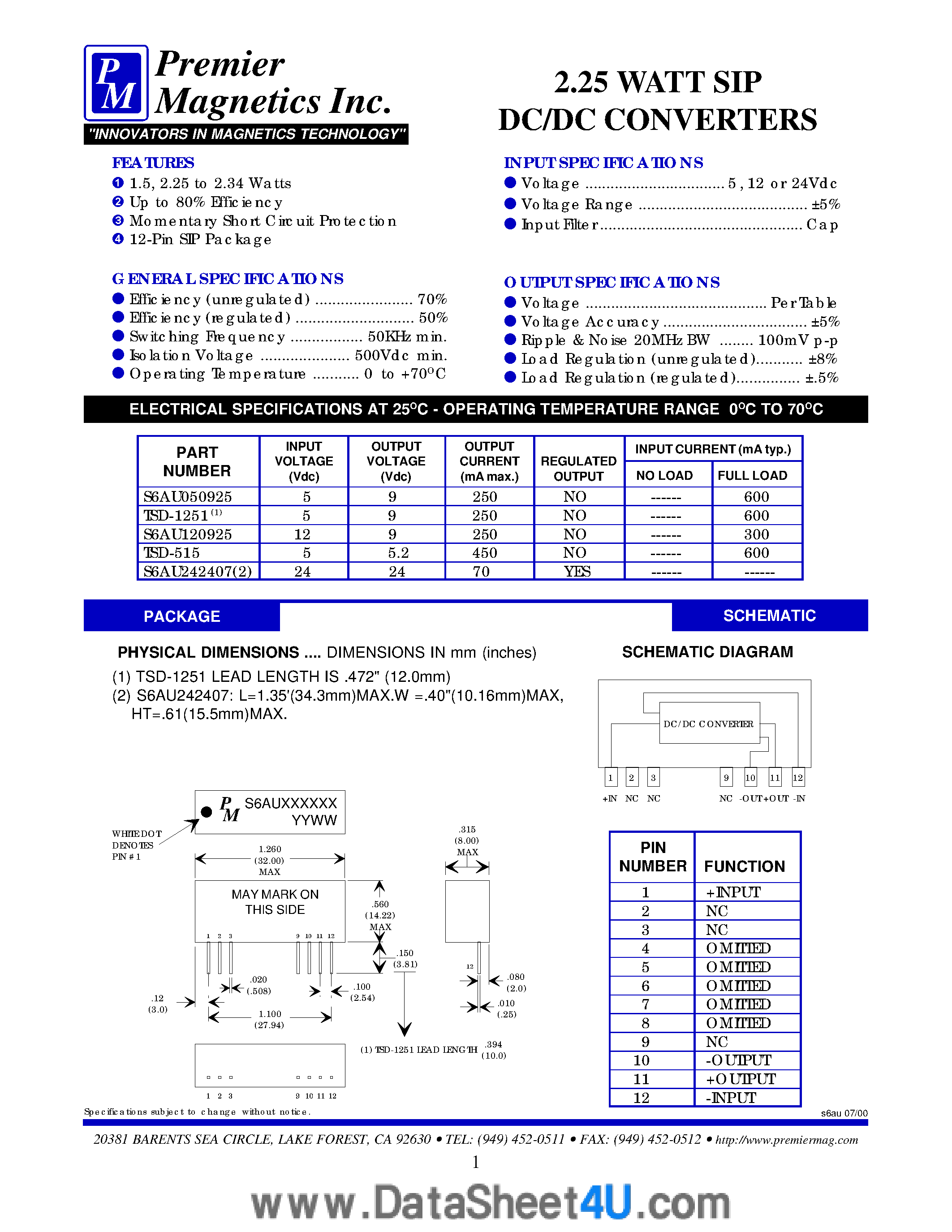 Datasheet TSD-1251 - (TSD-1251 / TSD-515) 2.25 Watt SIP DC/DC Converters page 1
