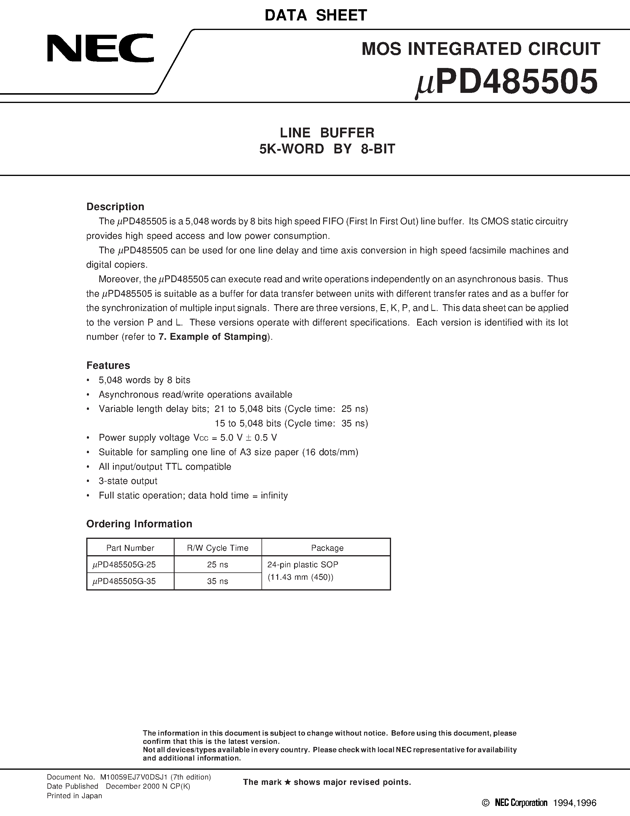 Даташит UPD485505 - LINE BUFFER 5K-WORD BY 8-BIT страница 1