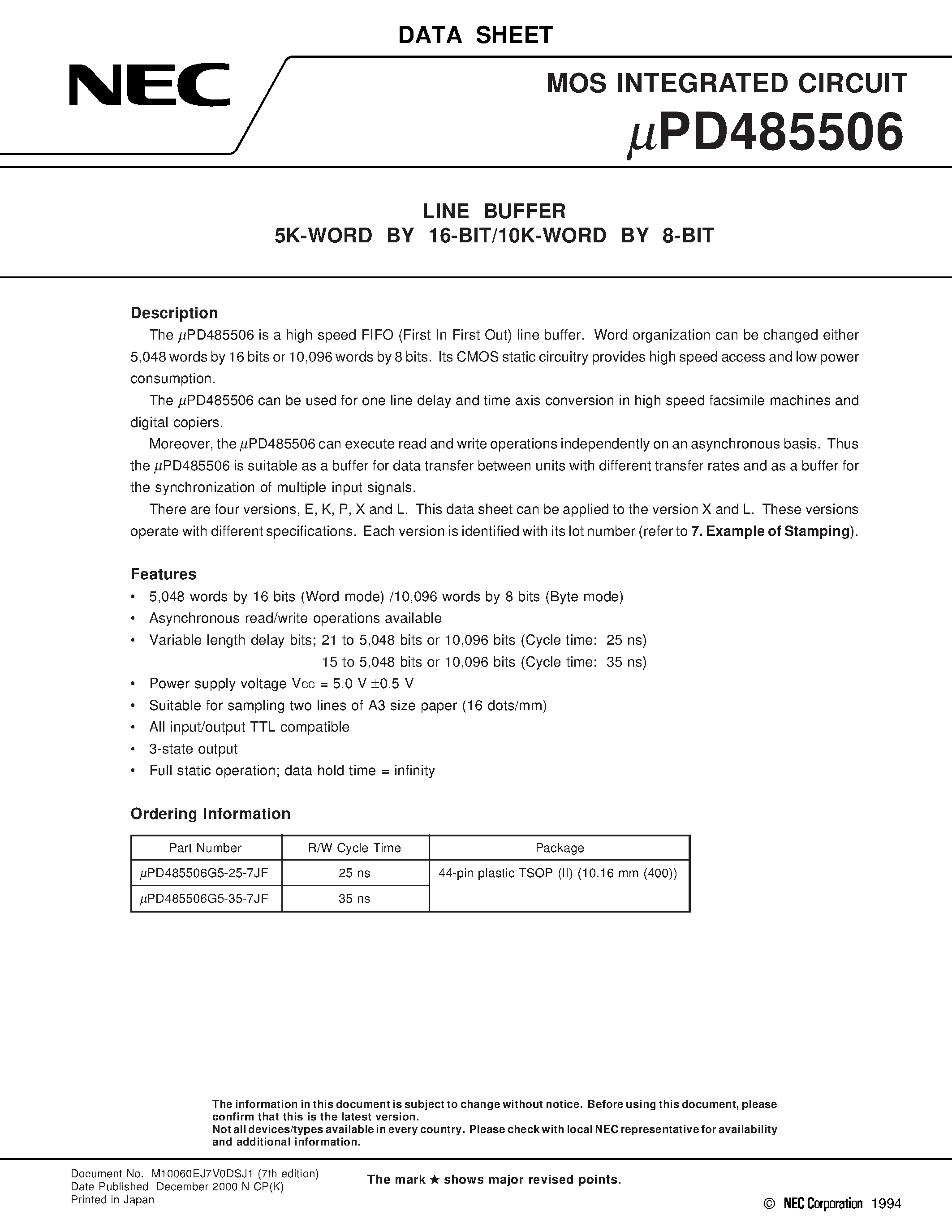 Даташит UPD485506 - LINE BUFFER 5K-WORD BY 16-BIT/10K-WORD BY 8-BIT страница 1