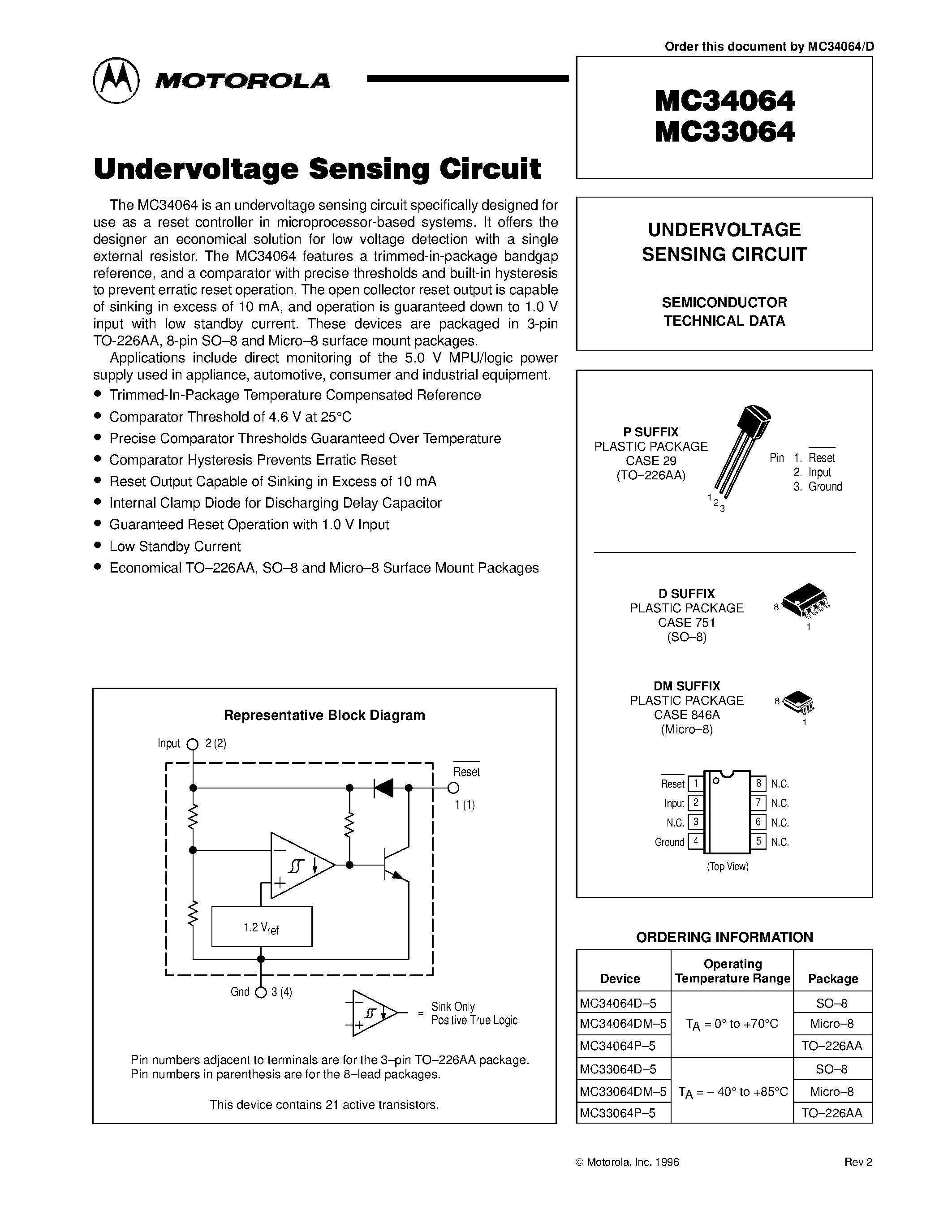 Даташит на микросхему MC33064 страница 1 Даташит MC33064 - (MC33064 / MC34064) UNDERVOLTAGE SENSING CIRCUIT страница 1