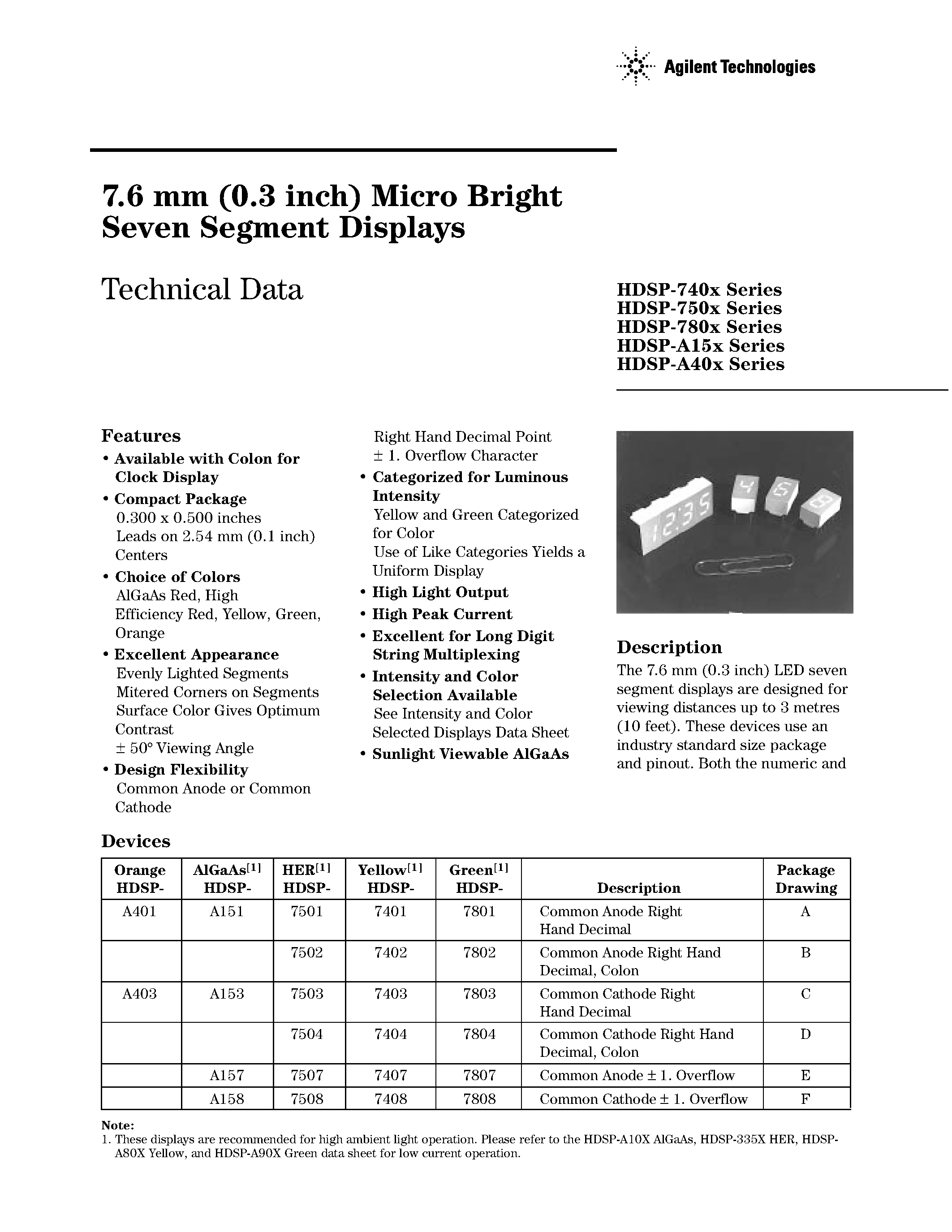 Datasheet 5082-740x - 7.6 mm (0.3 inch) Micro Bright Seven Segment Displays page 1