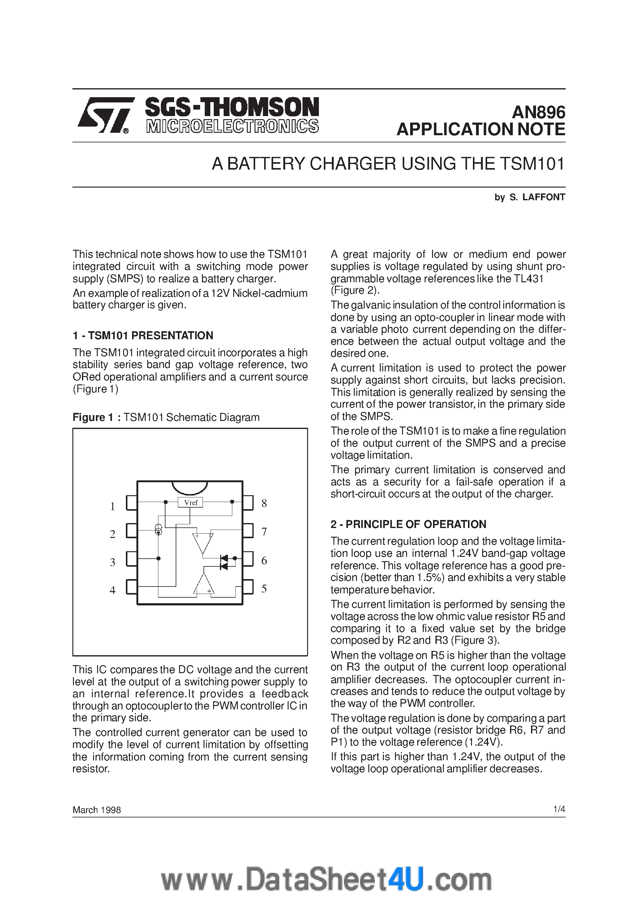 Datasheet AN896 - A Battery Charger Using The TSM101 page 1