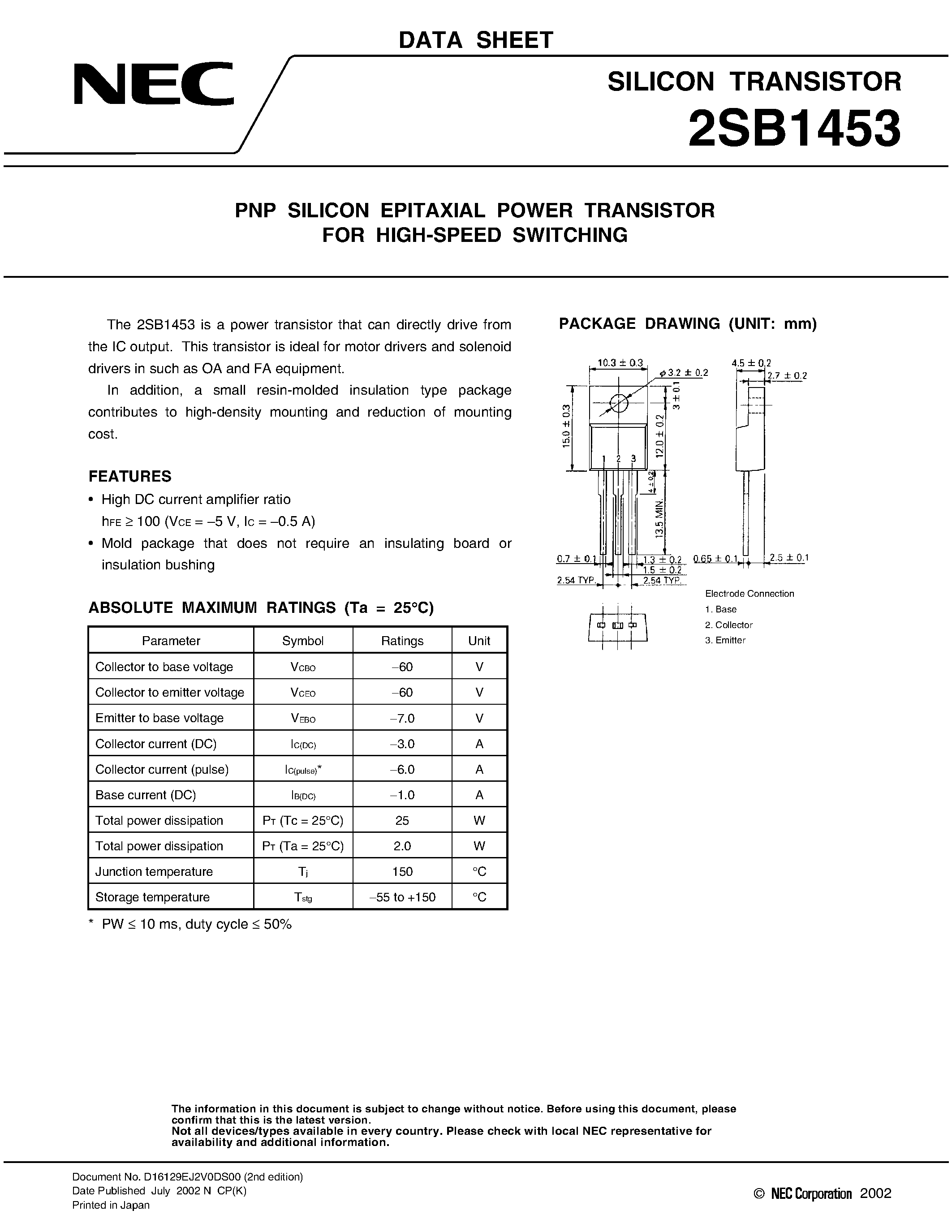 Datasheet 2SB1453 page 1 Datasheet 2SB1453 - PNP SILICON EPITAXIAL POWER TRANSISTOR FOR HIGH-SPEED SWITCHING page 1