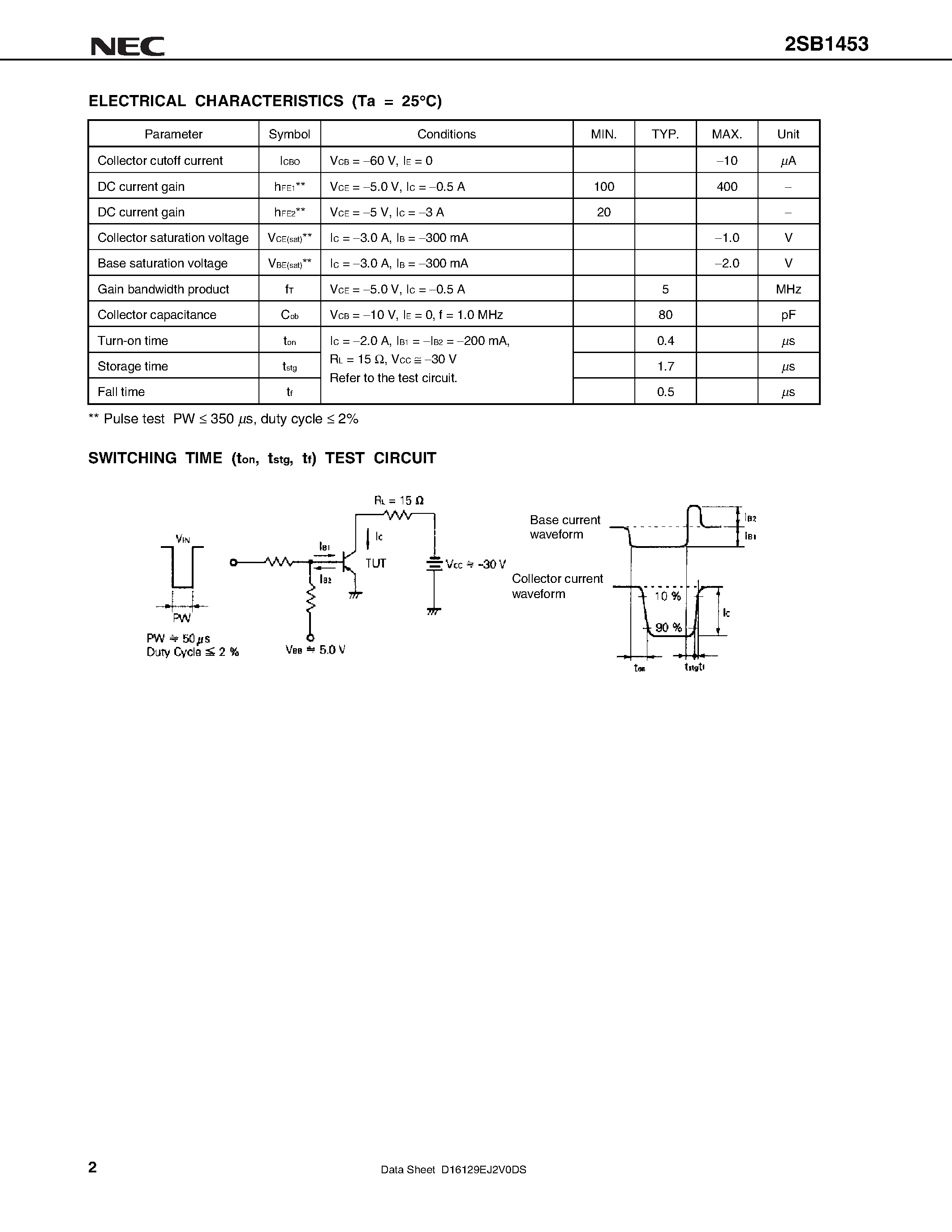 Datasheet 2SB1453 page 2 Datasheet 2SB1453 - PNP SILICON EPITAXIAL POWER TRANSISTOR FOR HIGH-SPEED SWITCHING page 2