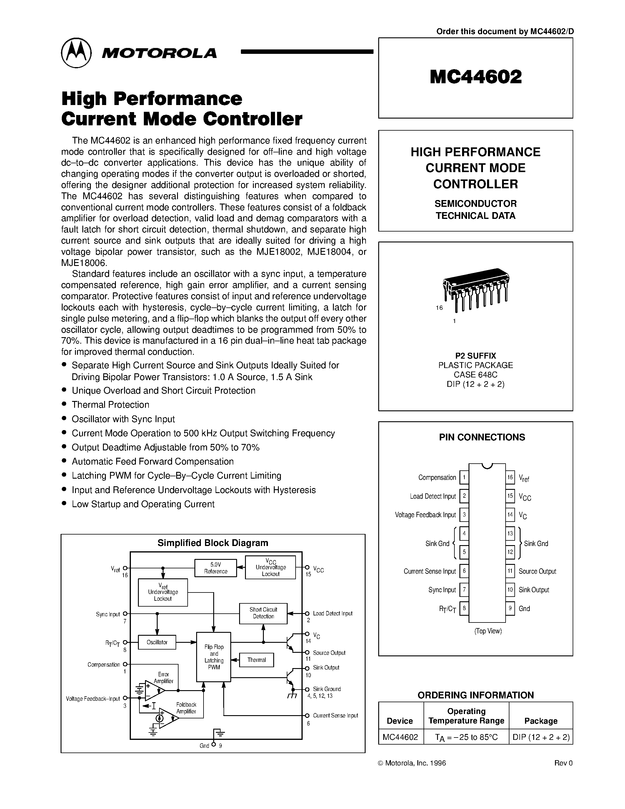 Datasheet MC44602 page 1 Datasheet MC44602 - HIGH PERFORMANCE CURRENT MODE CONTROLLER page 1