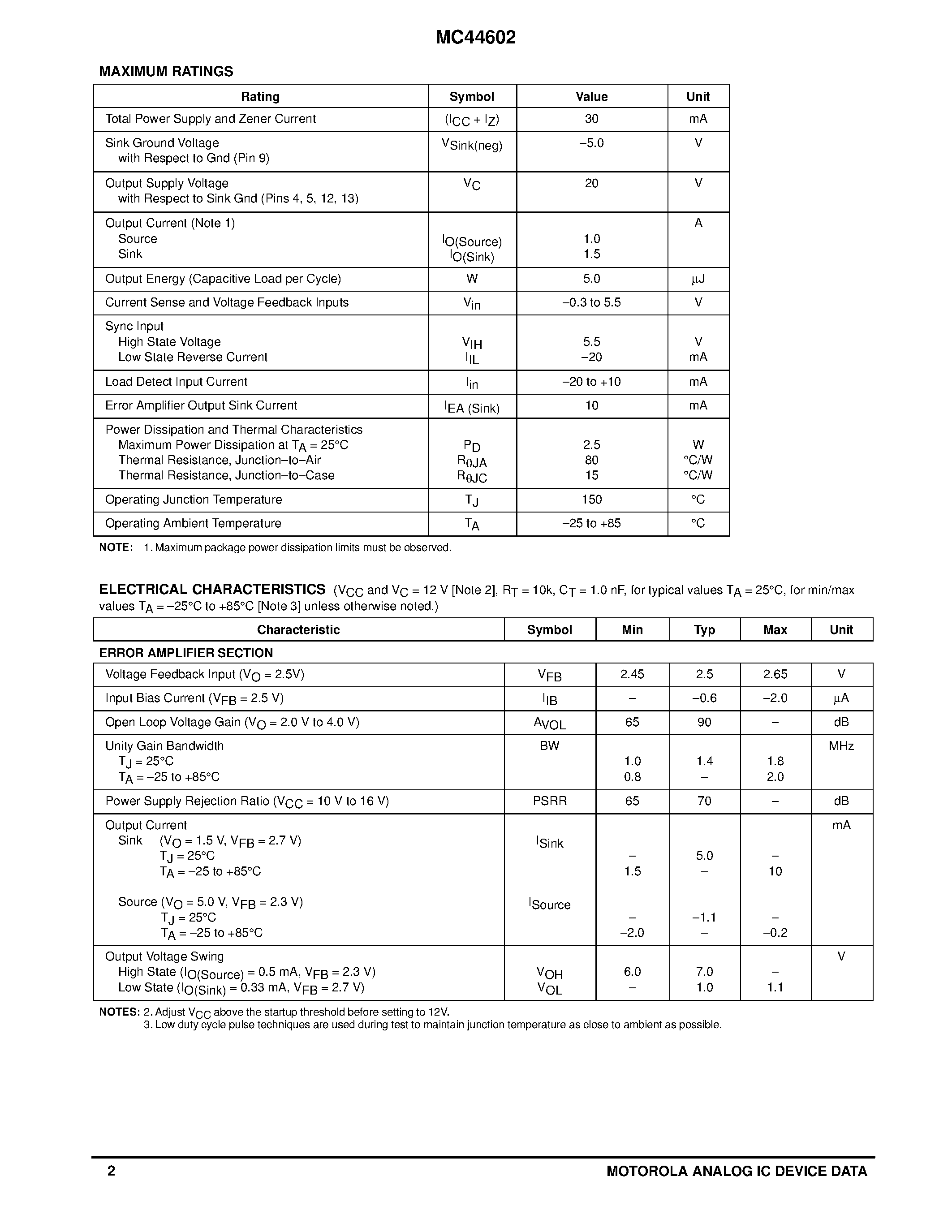 Datasheet MC44602 page 2 Datasheet MC44602 - HIGH PERFORMANCE CURRENT MODE CONTROLLER page 2
