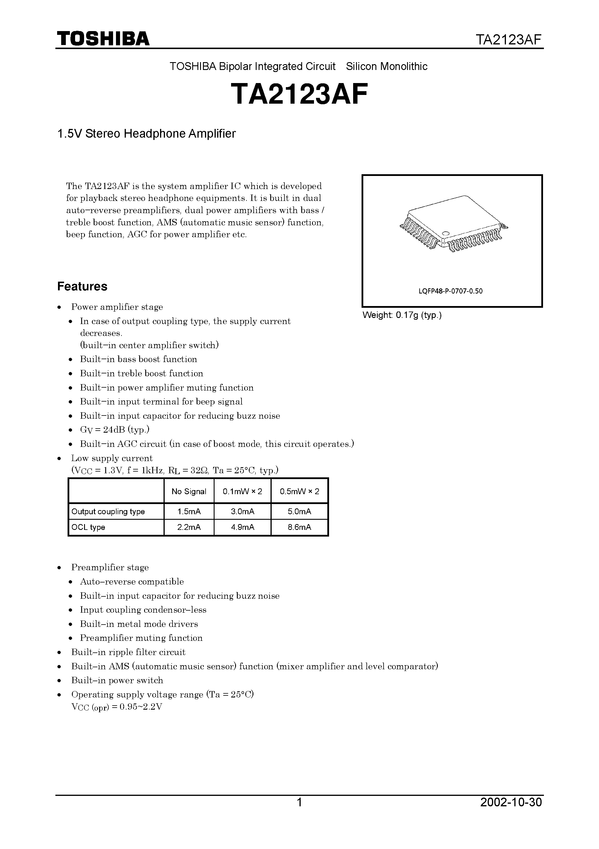 Datasheet TA2123AF - 1.5V Stereo Headphone Amplifier page 1