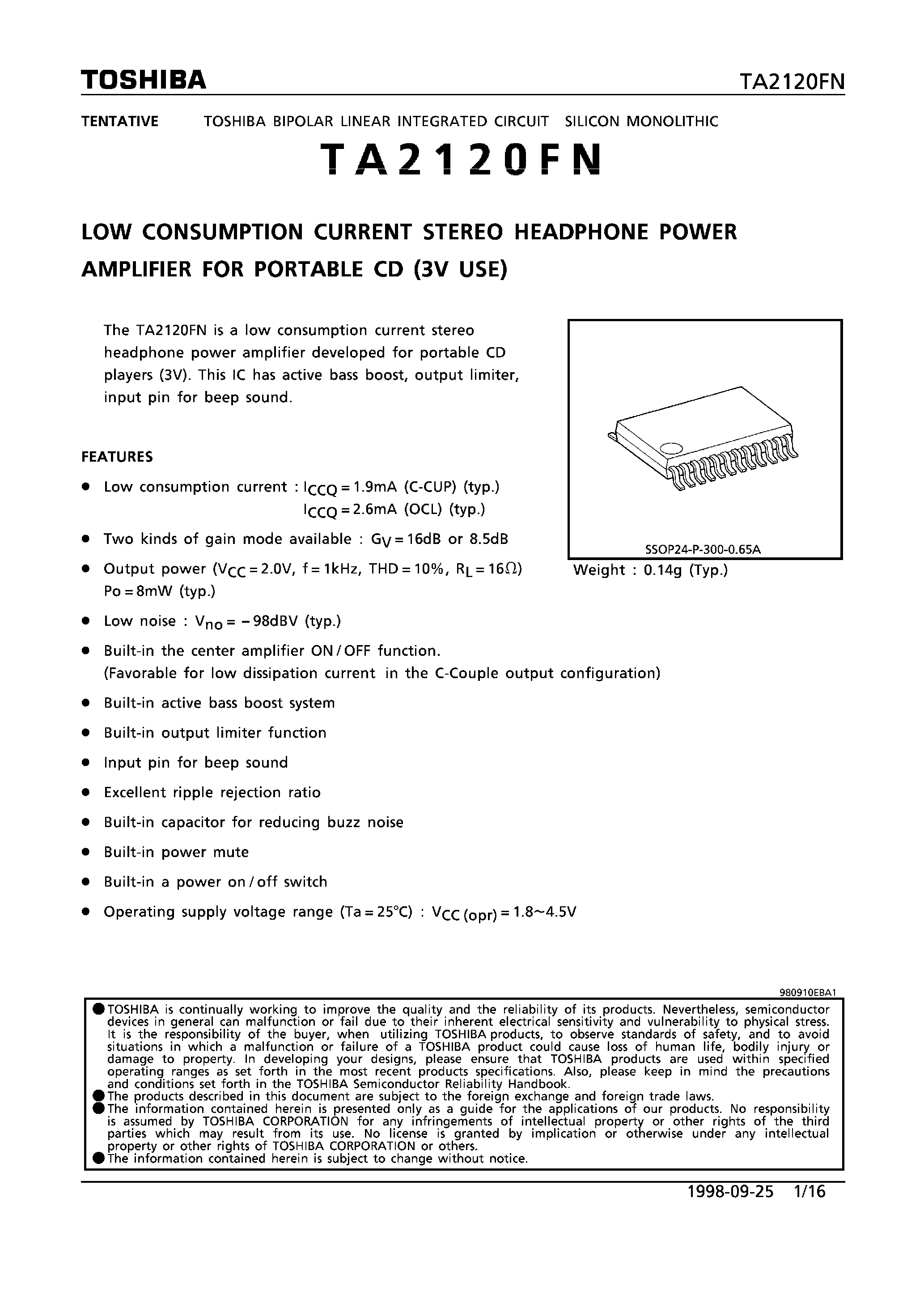 Даташит TA2120FN - LOW CONSUMPTION CURRENT STEREO GEADPHONE POWER AMPLIFIER FOR PORTABLE CD (3V USE) страница 1