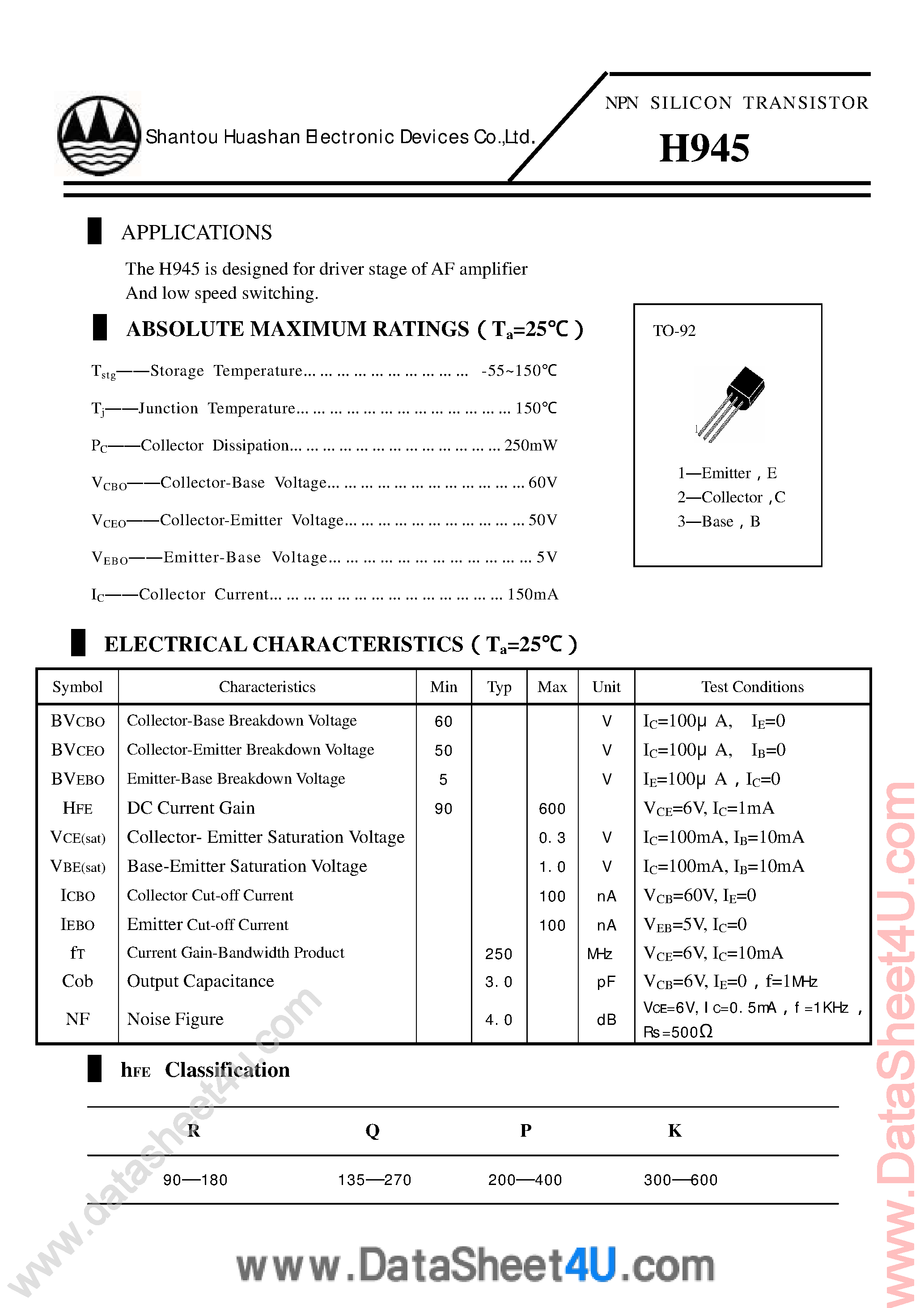 Даташит H945 - NPN Silicon Transistors страница 1