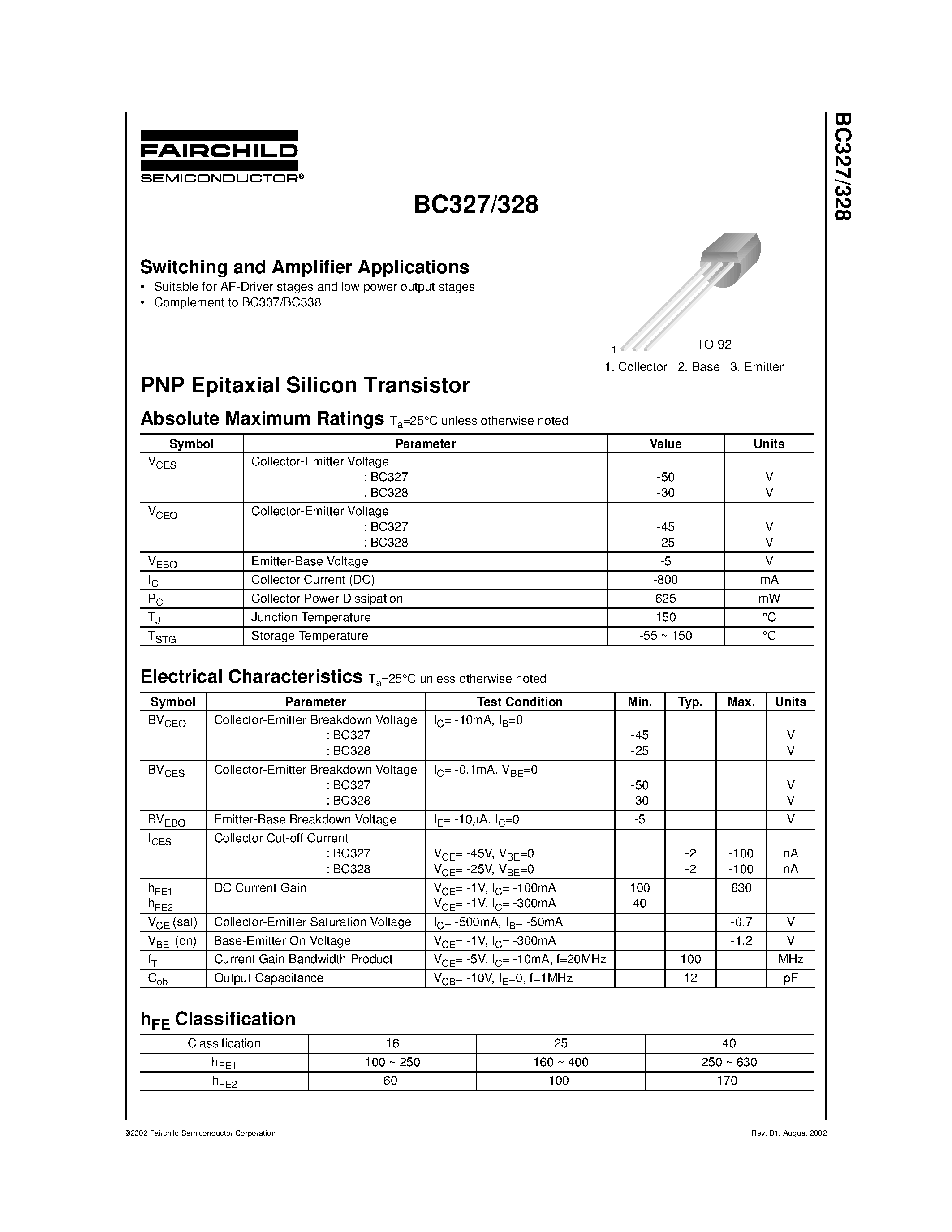 Datasheet BC327-25 page 1 Datasheet BC327-25 - PNP EPITAXIAL SILICON TRANSISTOR page 1