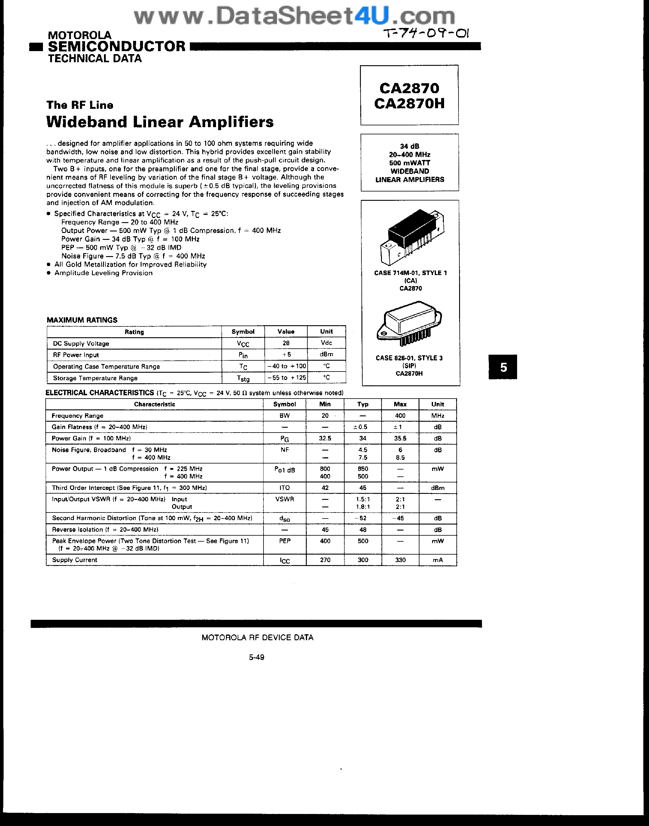 Datasheet CA2870 - Wideband Linear Amplifiers page 1