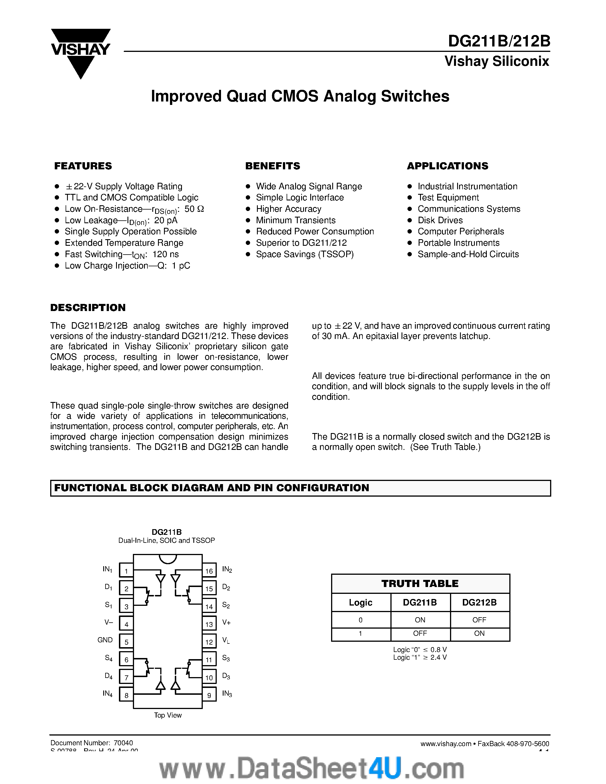 Даташит DG211B - (DG211B / DG212B) Improved Quad CMOS Analog Switches страница 1