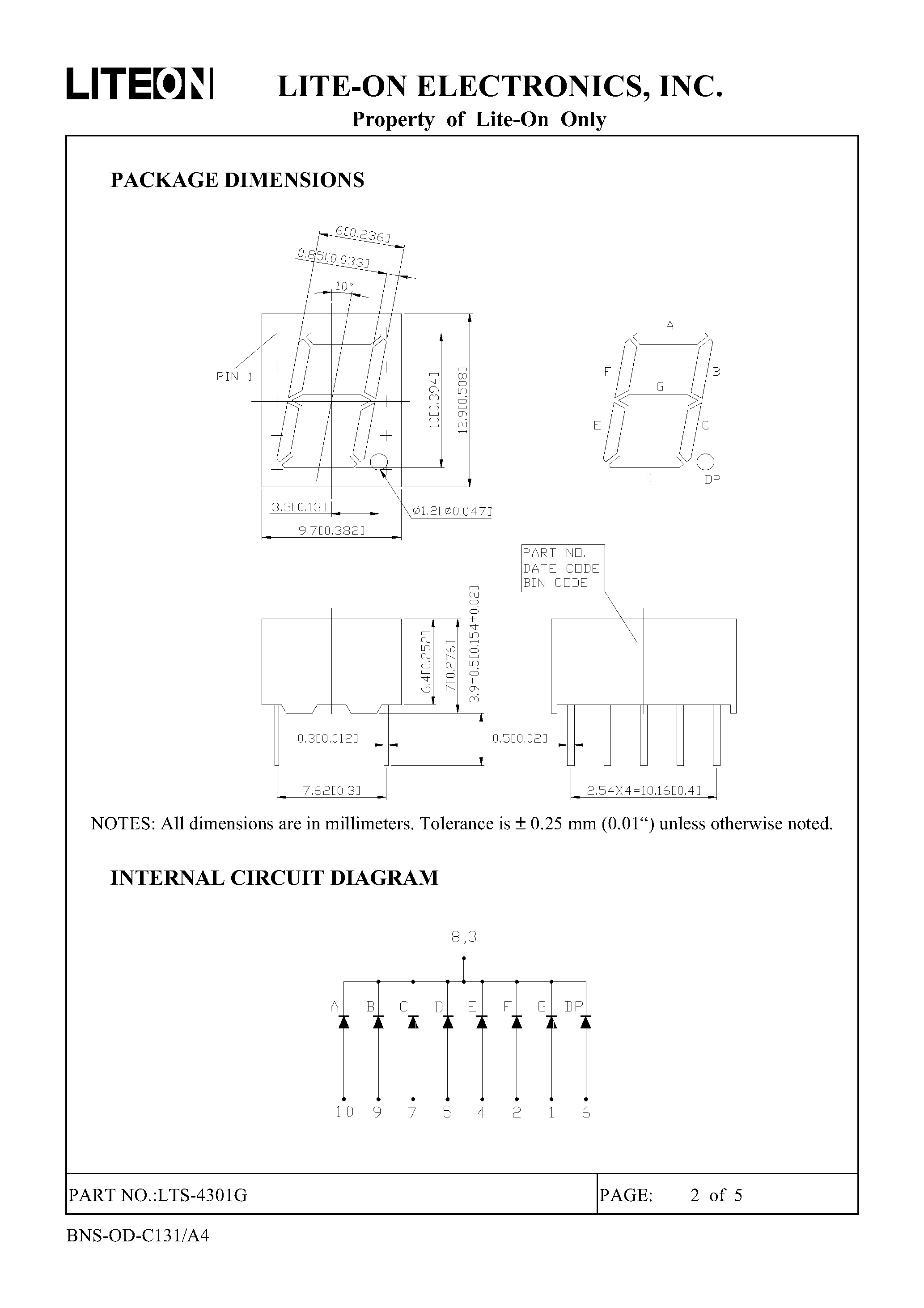Datasheet LTS-4301G page 2 Datasheet LTS-4301G - 0.4 INCH DIGIT HEIGHT SINGLE DIGIT SEVEN SEGMENT DISPLAY page 2