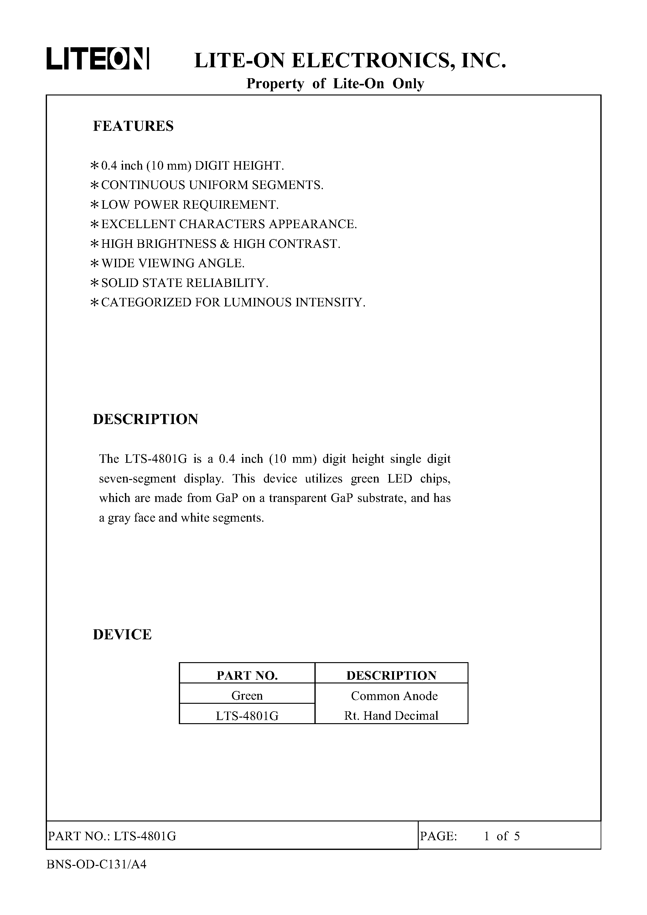 Datasheet LTS-4801G - 0.4 INCH DIGIT HEIGHT SINGLE DIGIT SEVEN SEGMENT DISPLAY page 1