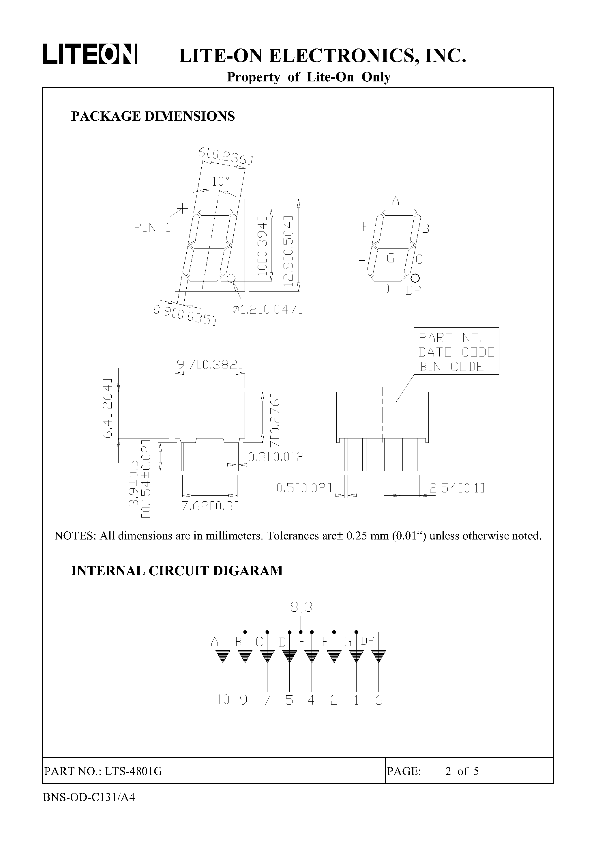 Datasheet LTS-4801G - 0.4 INCH DIGIT HEIGHT SINGLE DIGIT SEVEN SEGMENT DISPLAY page 2