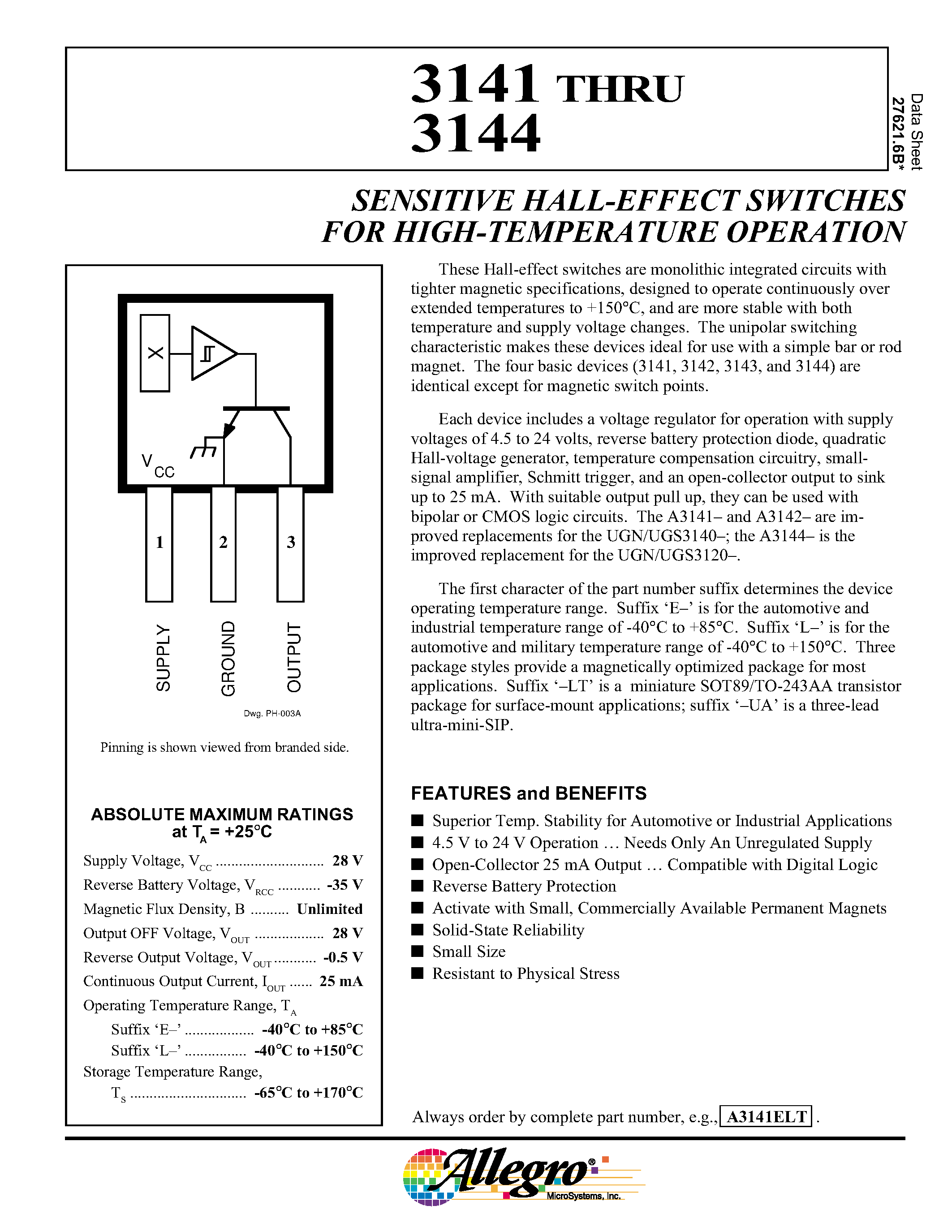 Даташит на микросхему UGN3141 страница 1 Даташит UGN3141 - (UGN3141 - UGN3144) SENSITIVE HALL-EFFECT SWITCHES FOR HIGH-TEMPERATURE OPERATION страница 1