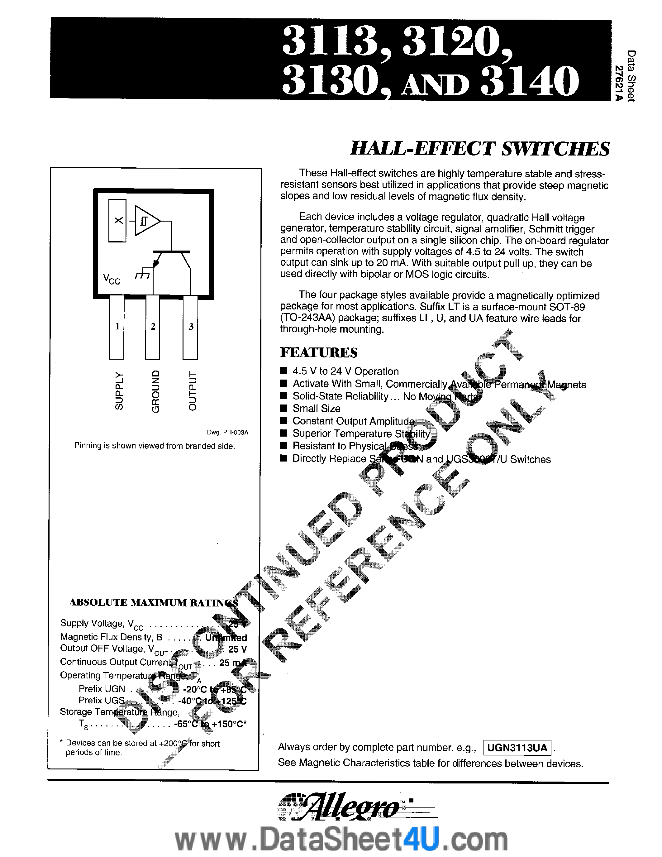 Даташит UGN3113 - (UGN3113/3120/3130/3140) Analog & Mixed-Signal Processing / Hall-Effect Switches страница 1