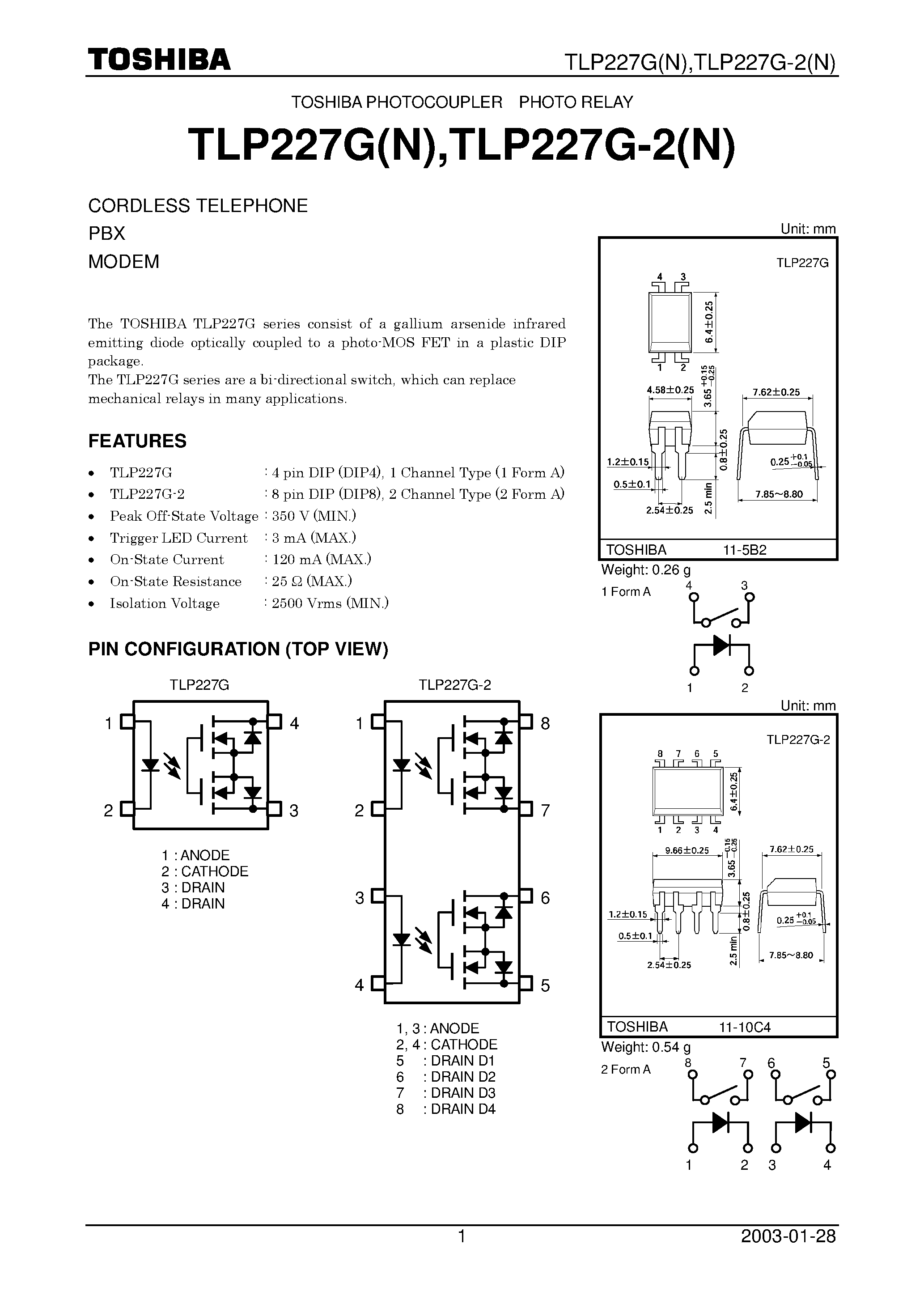 Datasheet TLP227GN - CORDLESS TELEPHONE PBX MODEM page 1