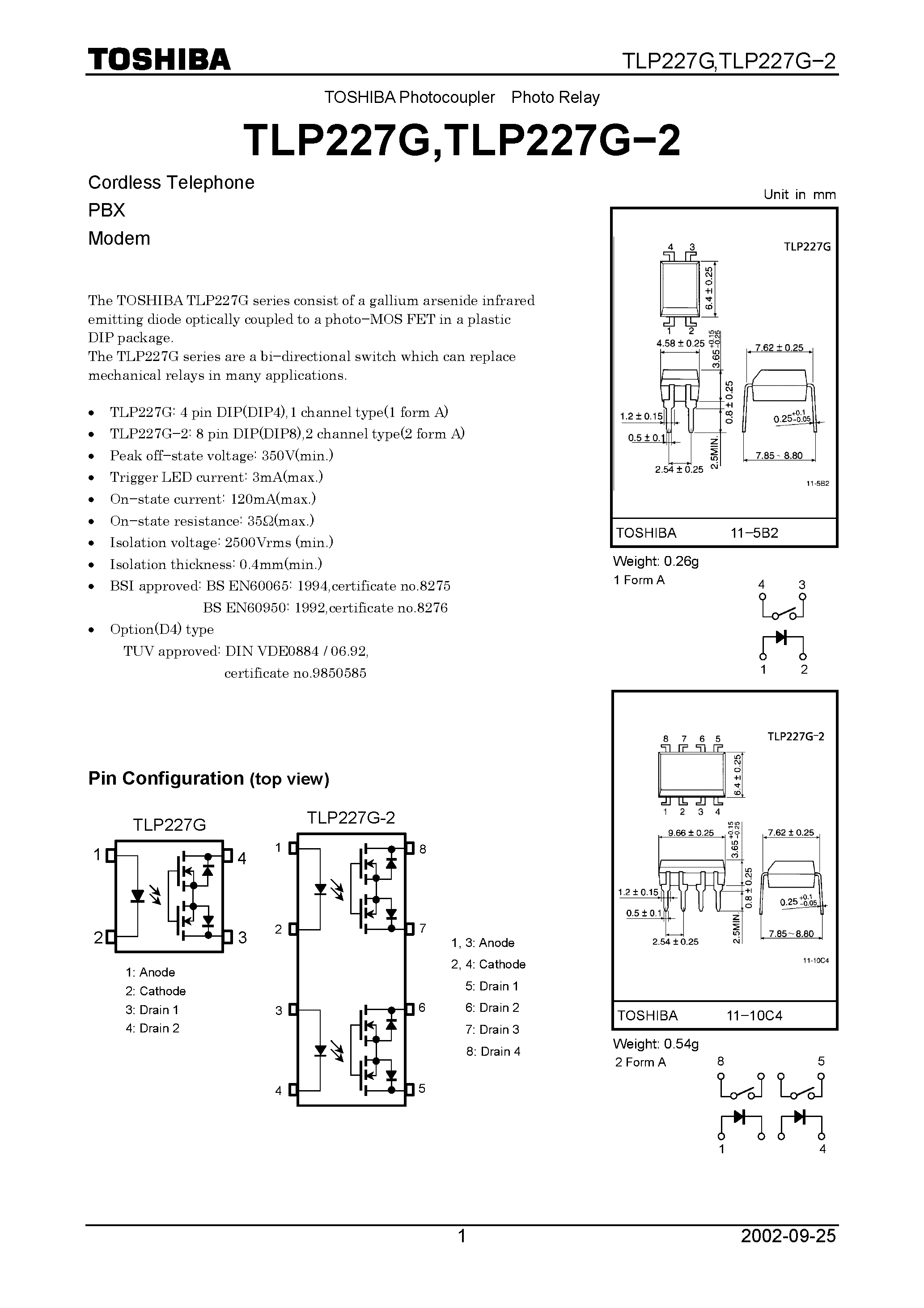 Datasheet TLP227G page 1 Datasheet TLP227G - TOSHIBA Photocoupler Photo Relay page 1