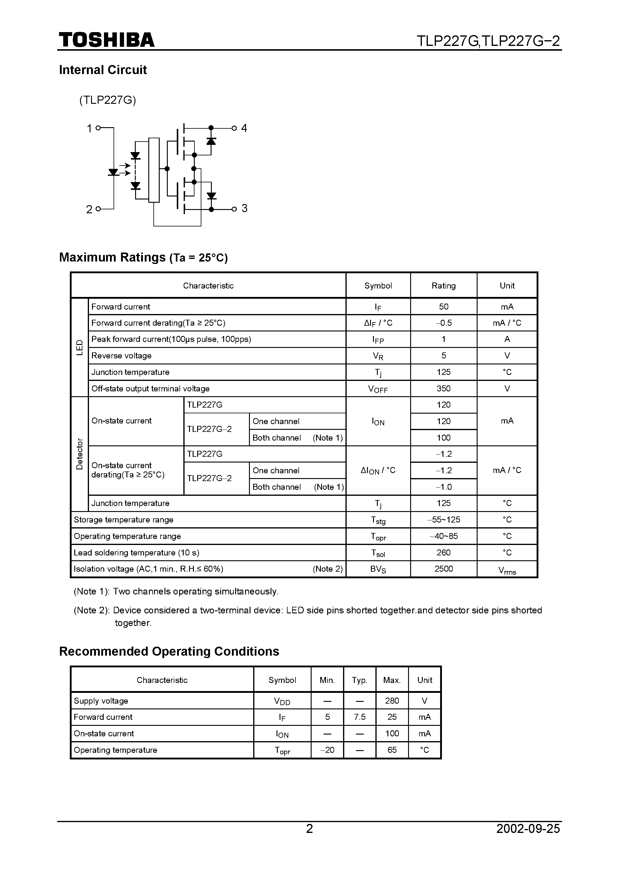 Datasheet TLP227G page 2 Datasheet TLP227G - TOSHIBA Photocoupler Photo Relay page 2