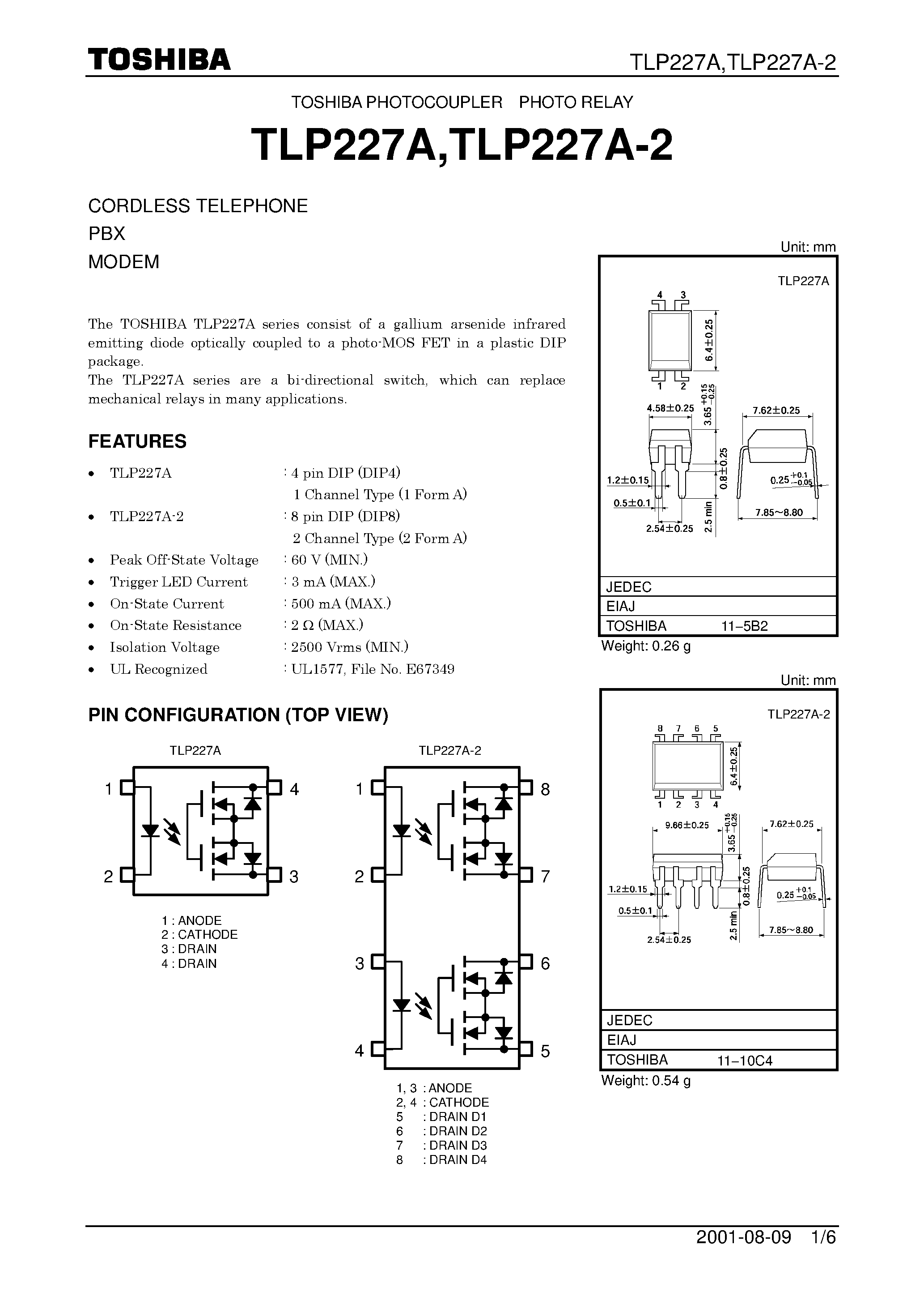 Datasheet TLP227A page 1 Datasheet TLP227A - CORDLESS TELEPHONE PBX MODEM page 1