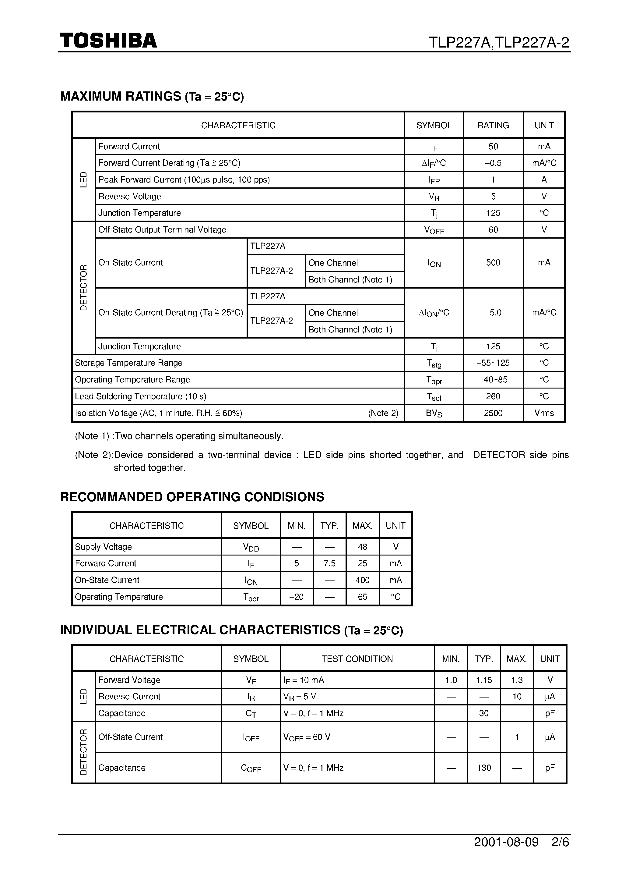 Datasheet TLP227A page 2 Datasheet TLP227A - CORDLESS TELEPHONE PBX MODEM page 2
