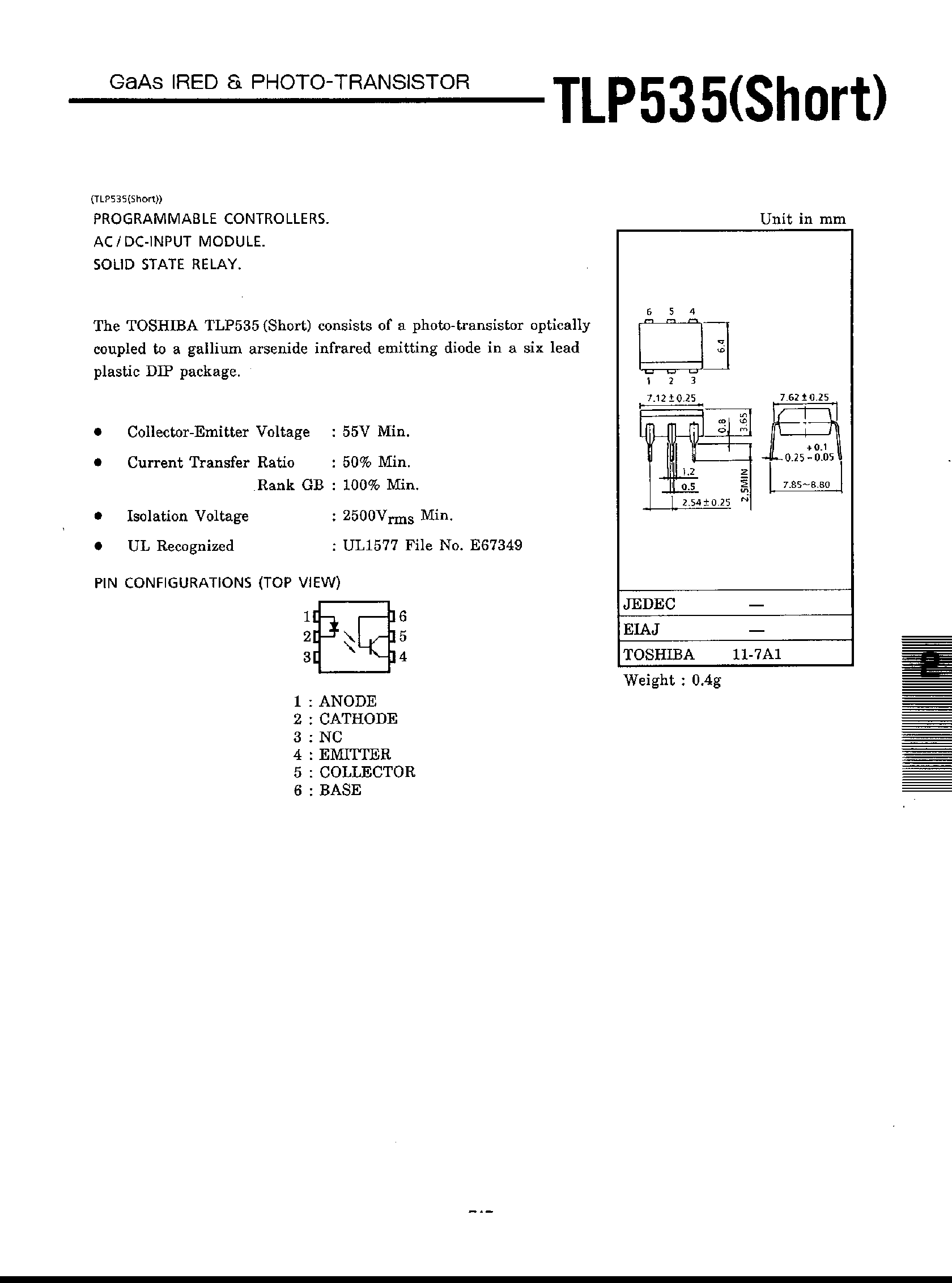 Даташит TLP552 - GaAs IREO & PHOTO-TRANSISTOR страница 1