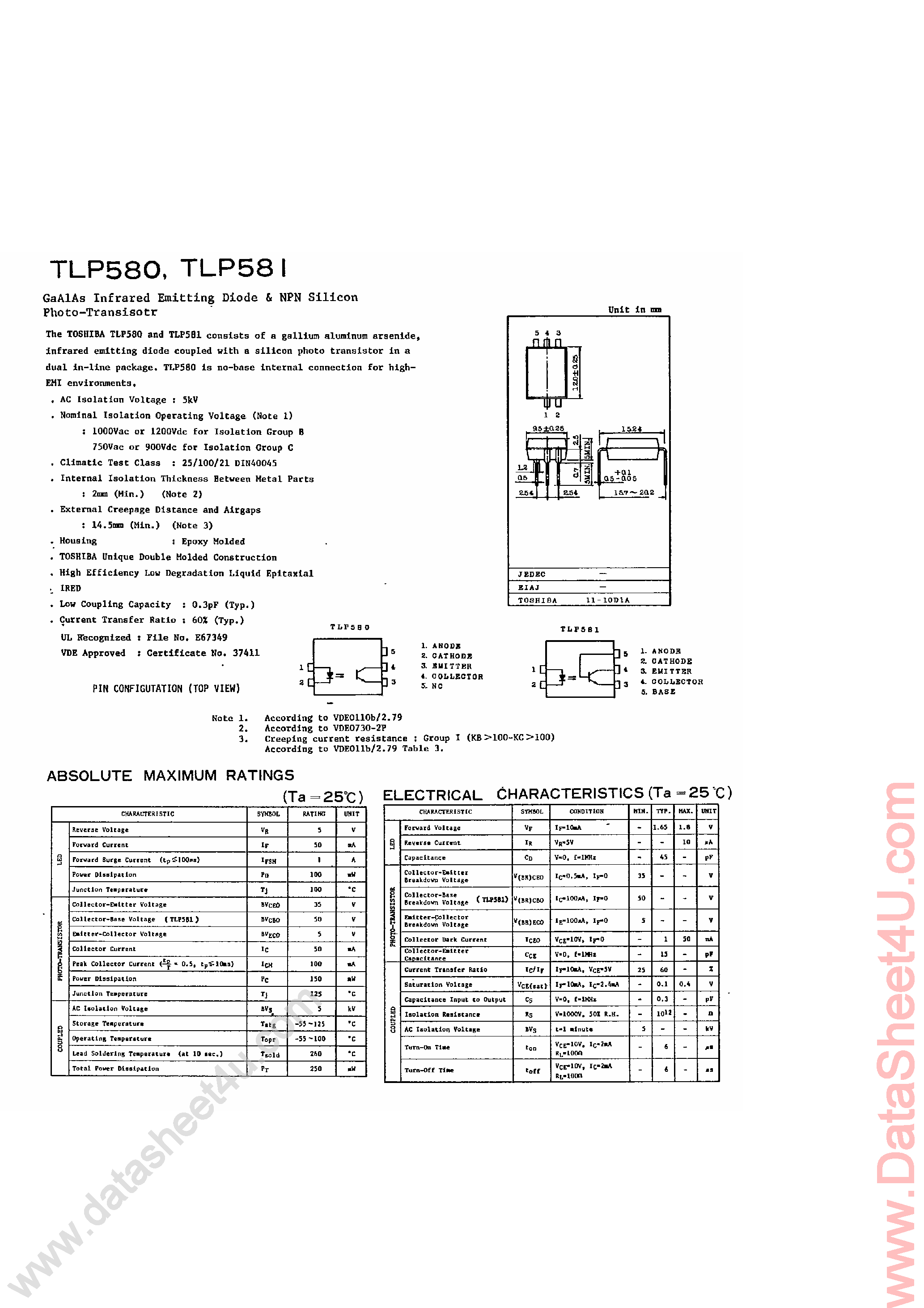 Даташит TLP581 - GaAlAs Infrared Emitting Diode and NPN Silicon Photo Transistor страница 1