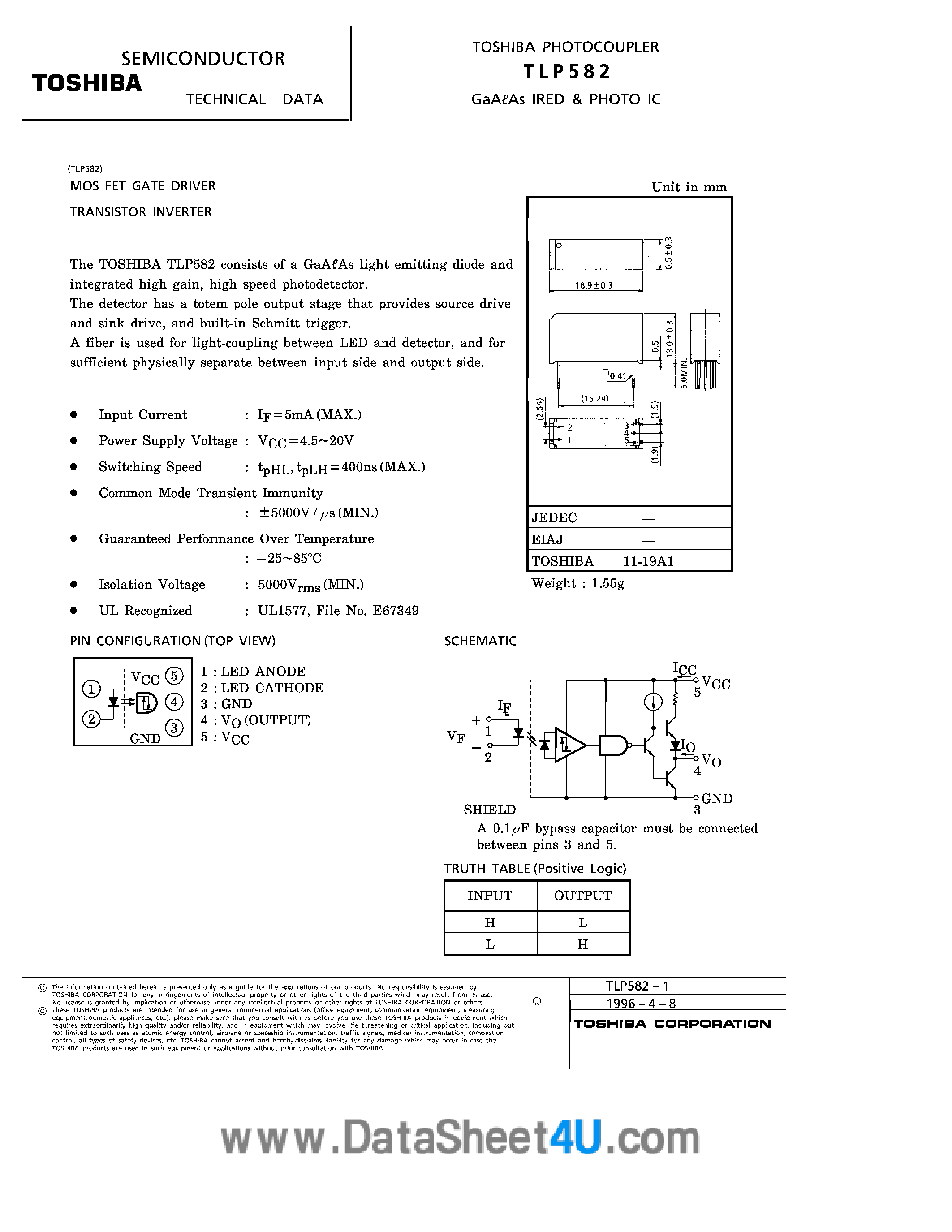 Даташит TLP582 - GAAS Ired & Photo ic Photocoupler страница 1