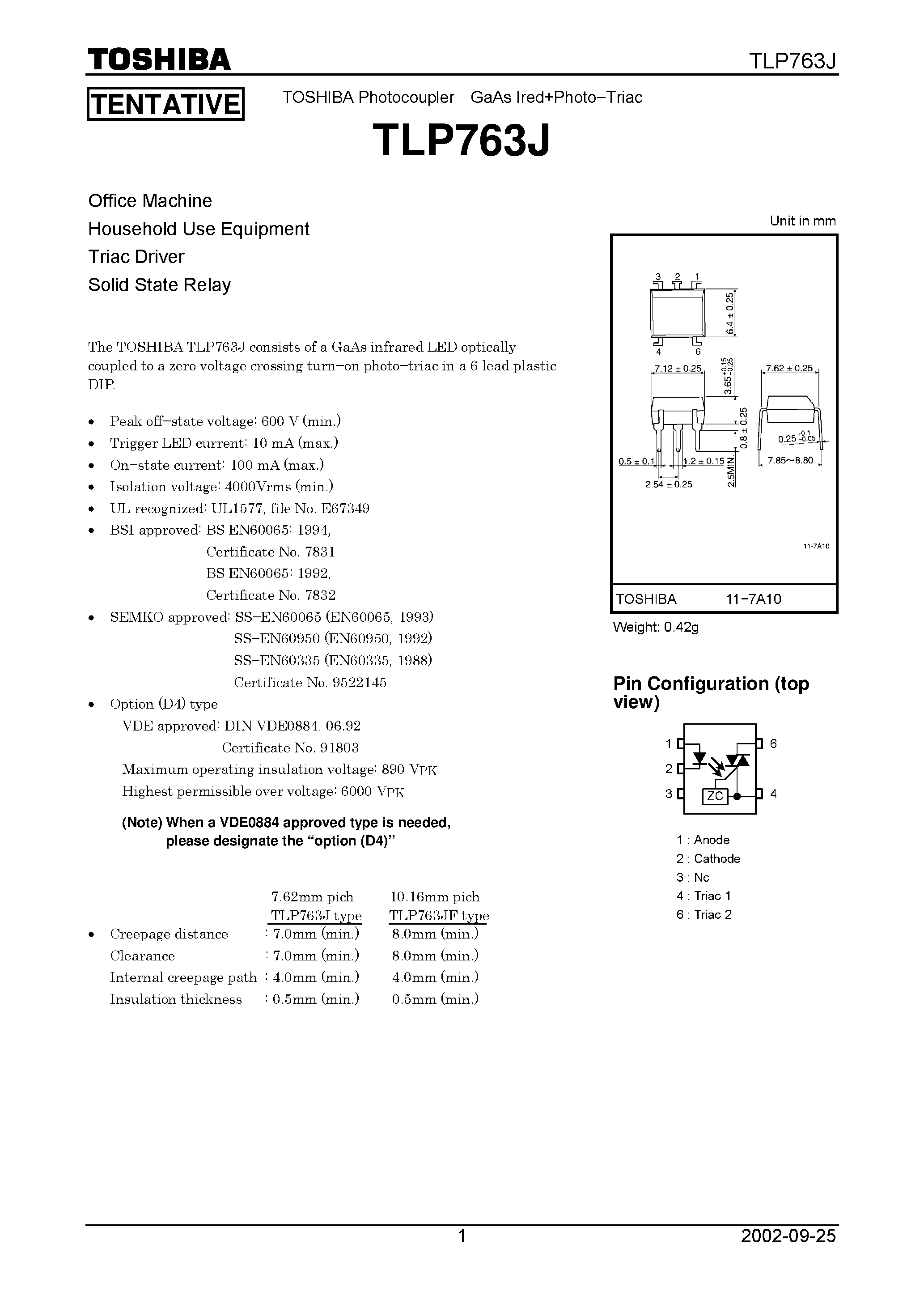 Datasheet TLP763J - TOSHIBA Photocoupler GaAs Ired+Photo Triac page 1