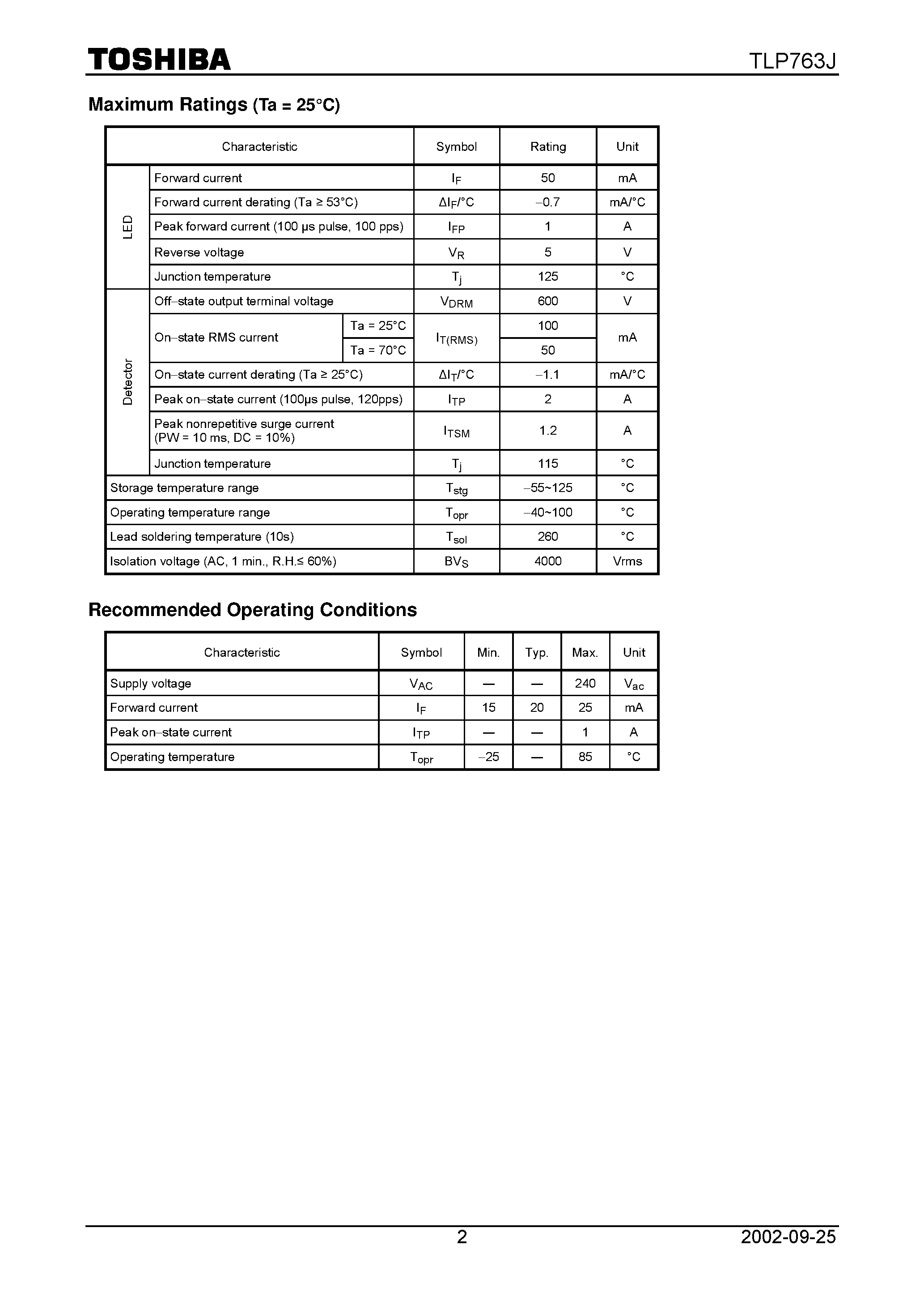 Datasheet TLP763J - TOSHIBA Photocoupler GaAs Ired+Photo Triac page 2